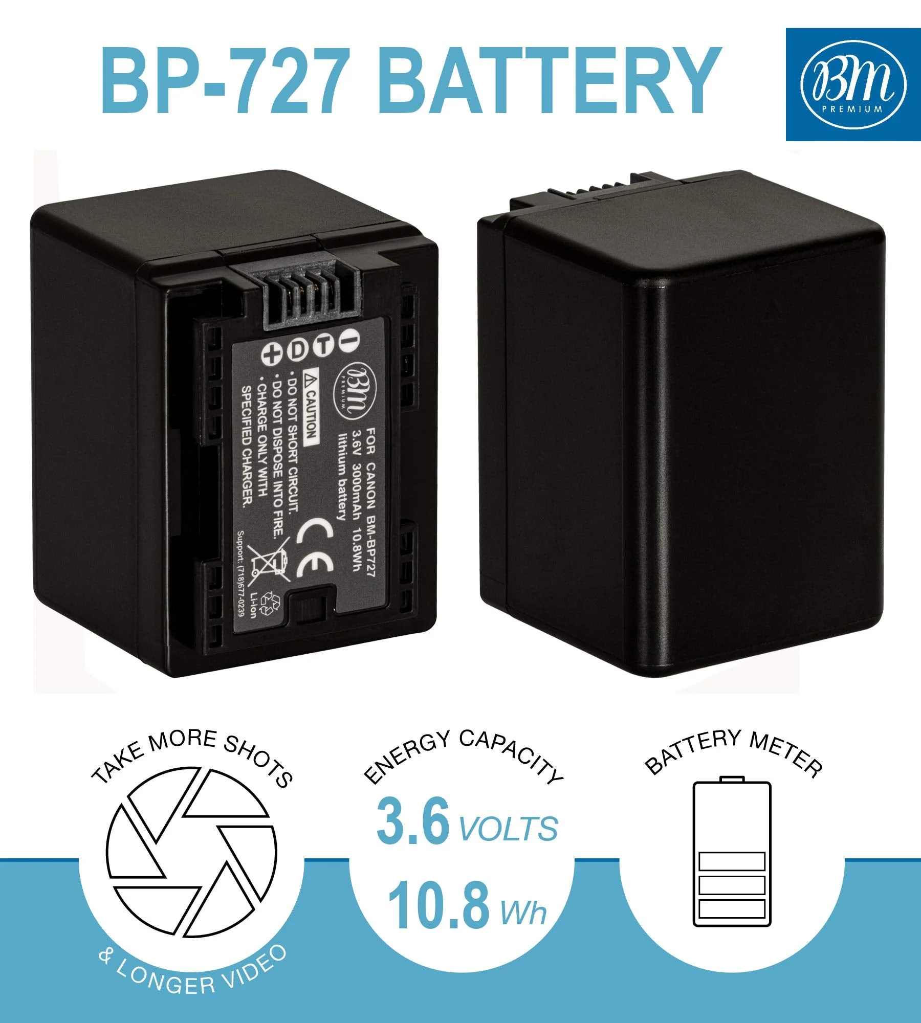 BM Premium BP-727 Battery and Charger for Canon Vixia HFR80, HFR82, HFR800, HFR30, HFR32, HFR300, HFR40, HFR42, HFR400, HFR50, HFR52, HFR500, HFR60, HFR62, HFR600, HFR70, HFR72, HFR700, HFM52, HFM500 - Image 2