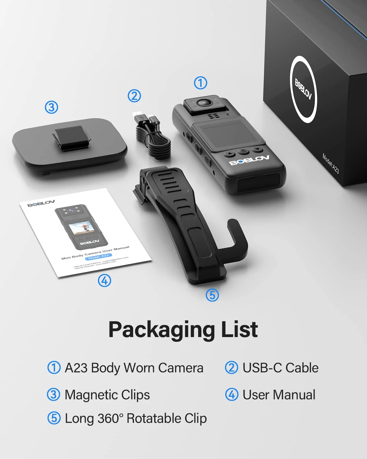 BOBLOV A23 Body Worn Camera, 180° Rotatable Video Camera, 2200mAh Battery with 9Hours Shooting, Night Vision, 1080P, Design for Lecture, Fishing, or Delivery(Memory Card Not Included) - Image 7