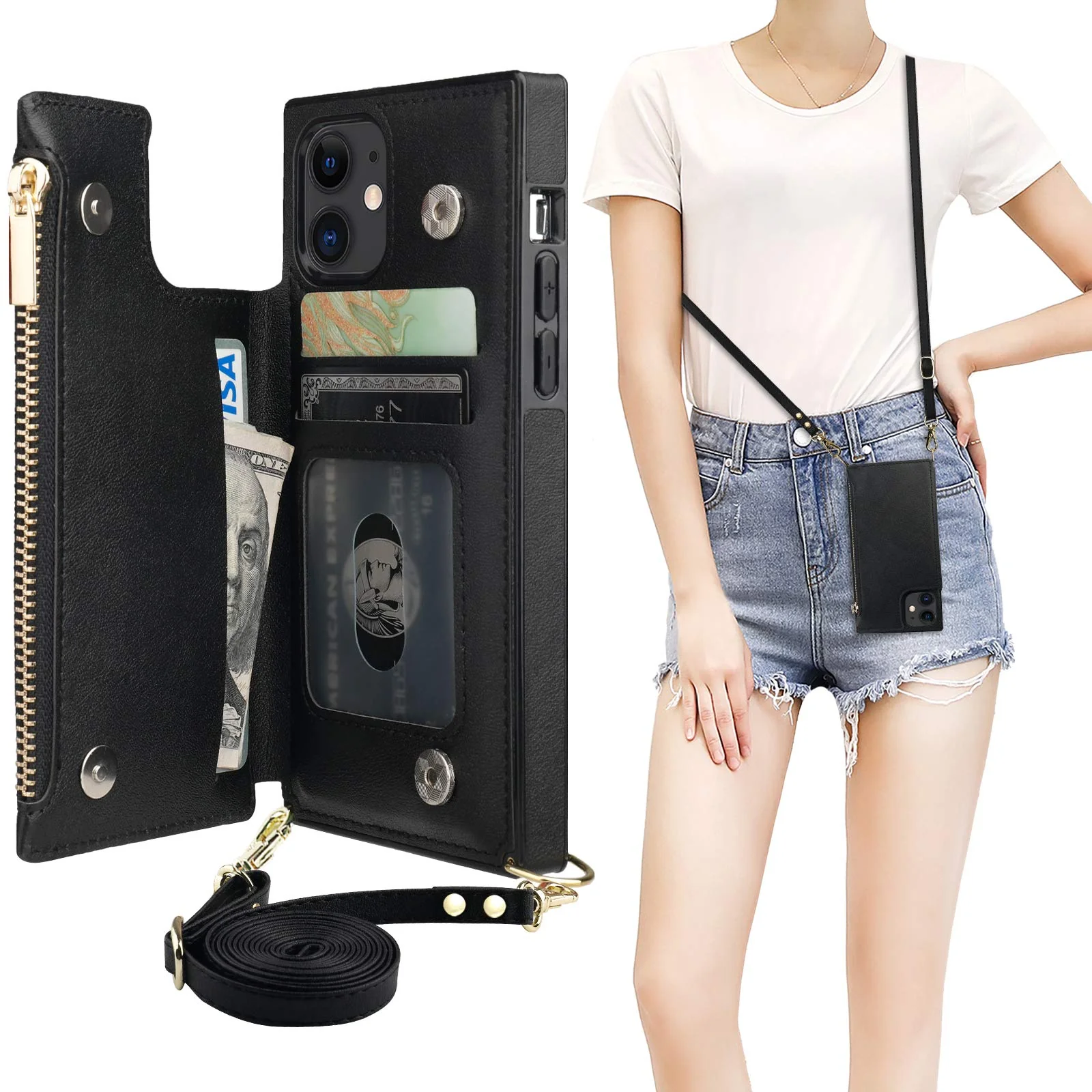 Bocasal Crossbody Wallet Case for iPhone 11 with Card Holder,Zipper Card Slot Protector Shockproof Purse Cover with Removable Cross Body Strap 6.1 Inch(Black) Black For iPhone 11 6.1 inch display