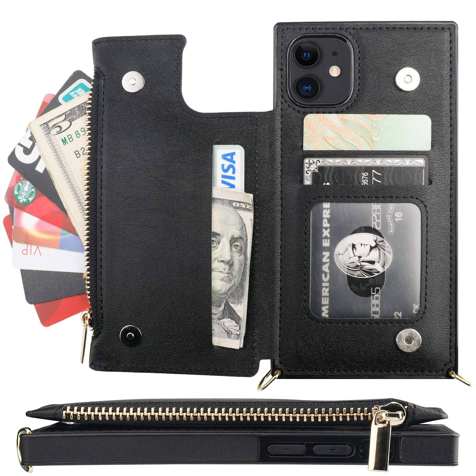 Bocasal Crossbody Wallet Case for iPhone 11 with Card Holder,Zipper Card Slot Protector Shockproof Purse Cover with Removable Cross Body Strap 6.1 Inch(Black) Black For iPhone 11 6.1 inch display - Image 3