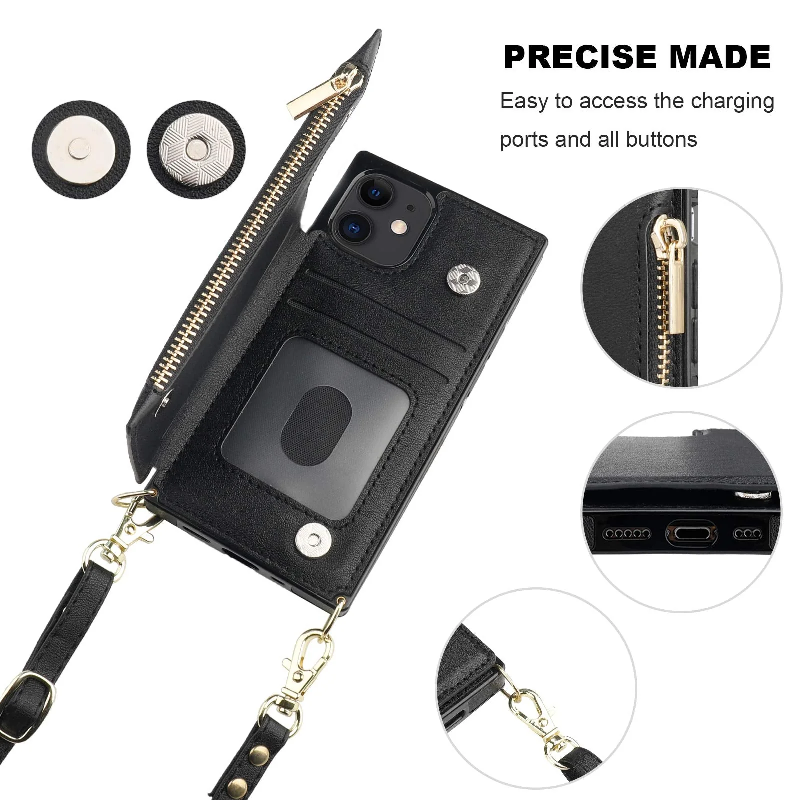 Bocasal Crossbody Wallet Case for iPhone 12/12 Pro with Card Holder,Zipper Card Slot Protector Shockproof Purse Cover with Removable Cross Body Strap 6.1 Inch(Black) Black For iPhone 12/12 Pro 6.1 inch dispaly - Image 6