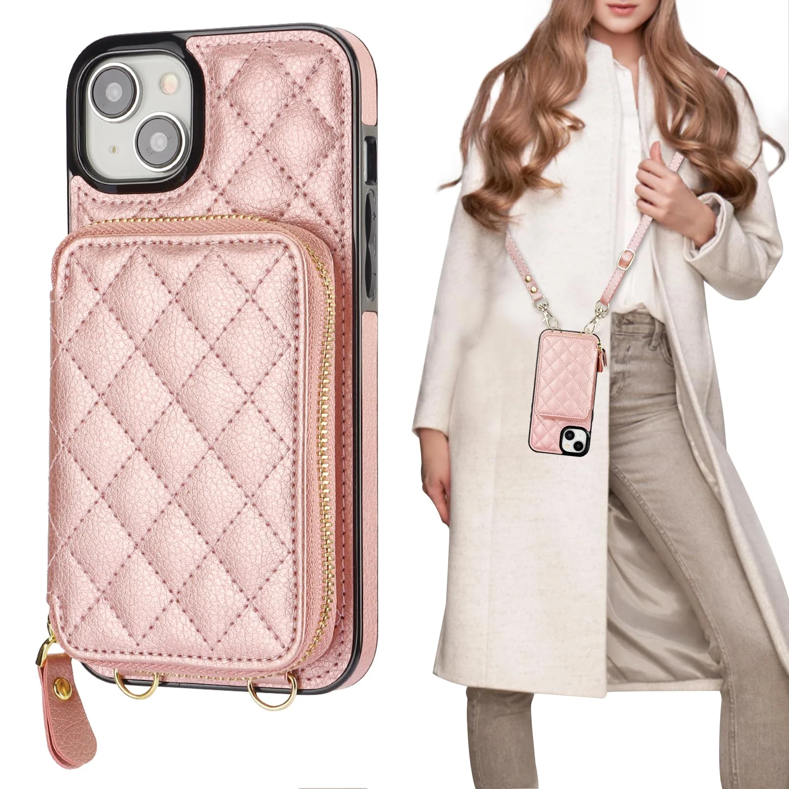 Bocasal Crossbody Wallet Case for iPhone 15 Plus, RFID Blocking PU Leather Zipper Handbag Purse Flip Cover, Kickstand Folio Case with Card Slots Holder Wrist Strap Lanyard 5G 6.7 Inch (Rose Gold) Rose Gold