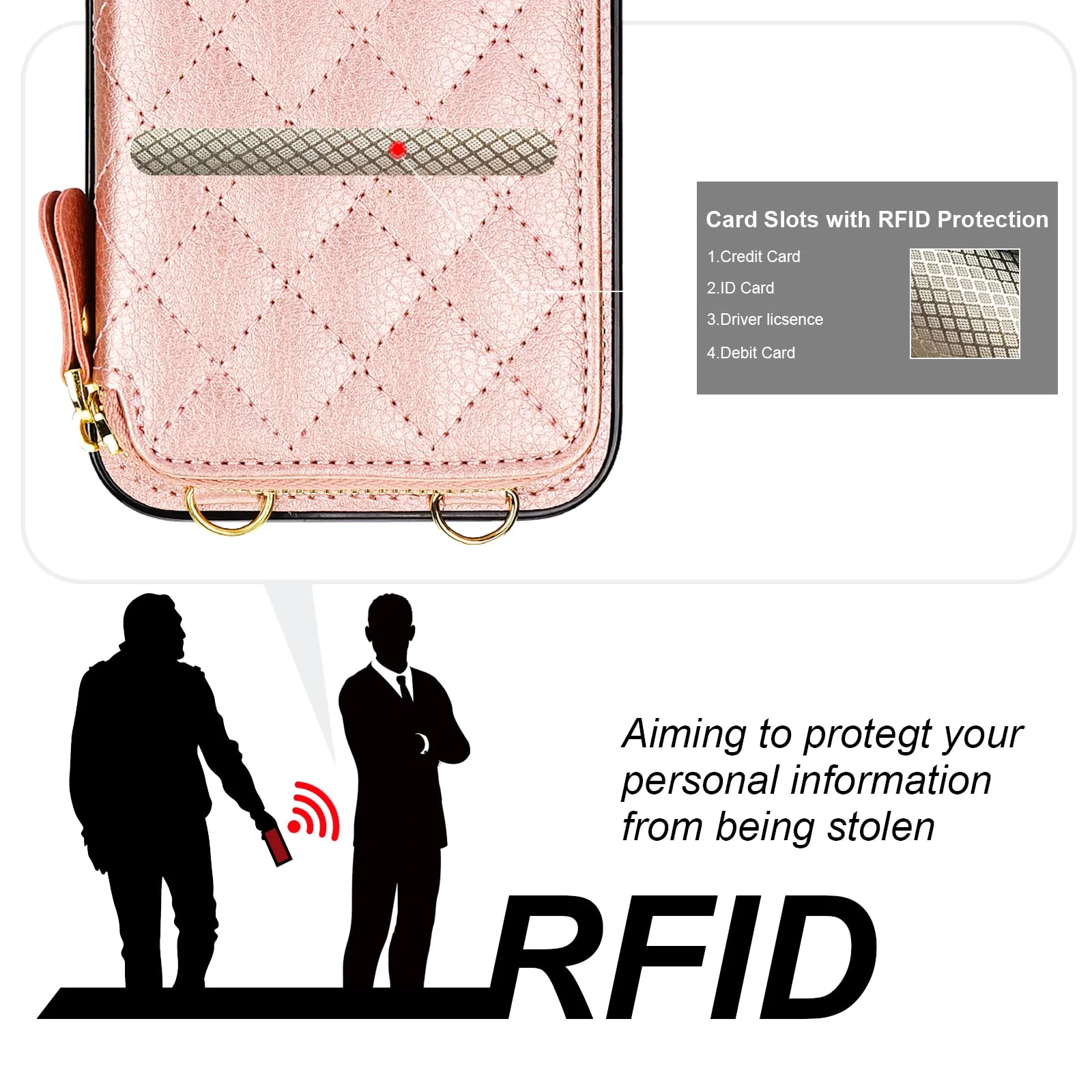 Bocasal Crossbody Wallet Case for iPhone 15 Plus, RFID Blocking PU Leather Zipper Handbag Purse Flip Cover, Kickstand Folio Case with Card Slots Holder Wrist Strap Lanyard 5G 6.7 Inch (Rose Gold) Rose Gold - Image 3
