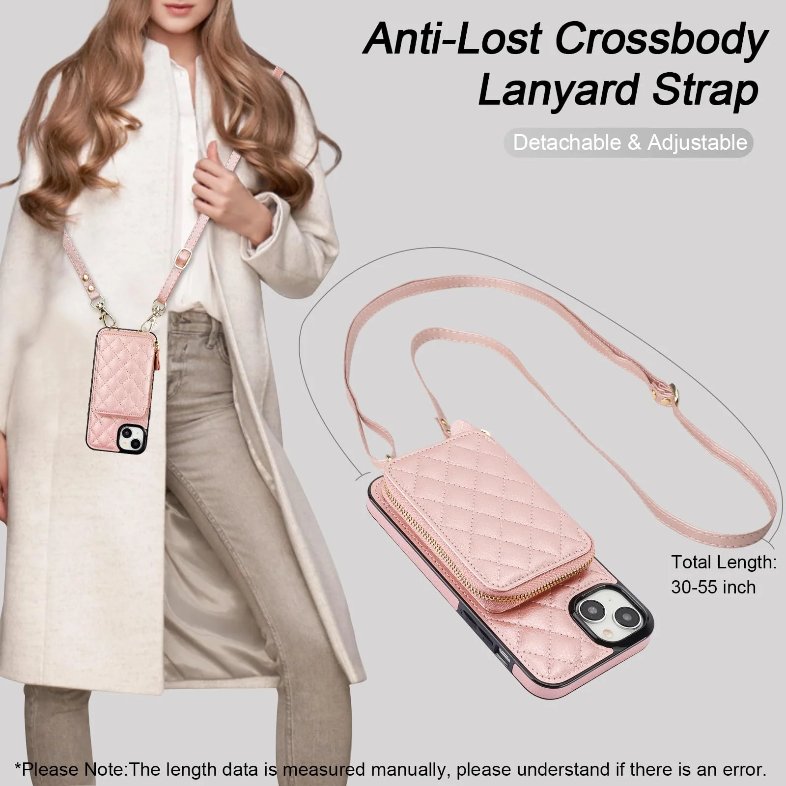 Bocasal Crossbody Wallet Case for iPhone 15 Plus, RFID Blocking PU Leather Zipper Handbag Purse Flip Cover, Kickstand Folio Case with Card Slots Holder Wrist Strap Lanyard 5G 6.7 Inch (Rose Gold) Rose Gold - Image 5