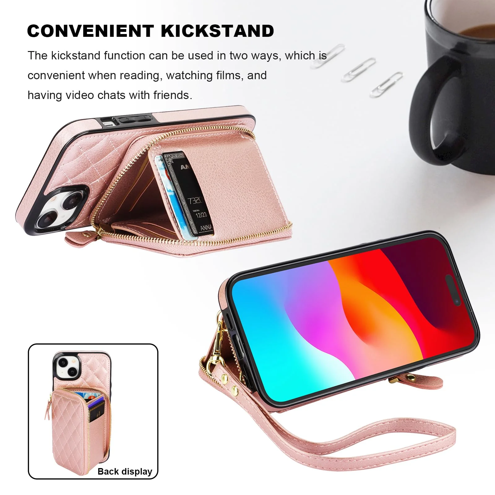 Bocasal Crossbody Wallet Case for iPhone 15 Plus, RFID Blocking PU Leather Zipper Handbag Purse Flip Cover, Kickstand Folio Case with Card Slots Holder Wrist Strap Lanyard 5G 6.7 Inch (Rose Gold) Rose Gold - Image 6