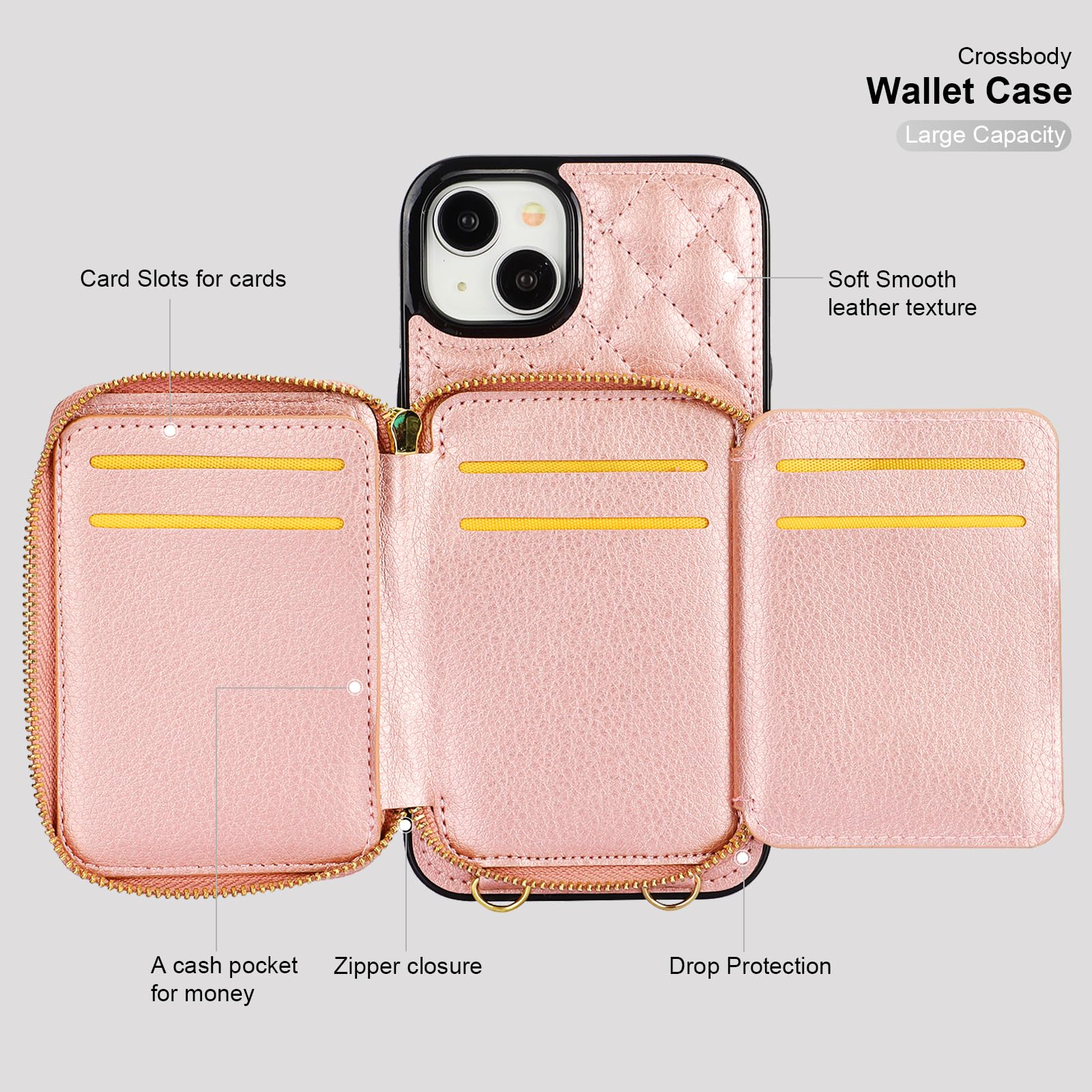 Bocasal Crossbody Wallet Case for iPhone 15 Plus, RFID Blocking PU Leather Zipper Handbag Purse Flip Cover, Kickstand Folio Case with Card Slots Holder Wrist Strap Lanyard 5G 6.7 Inch (Rose Gold) Rose Gold - Image 7