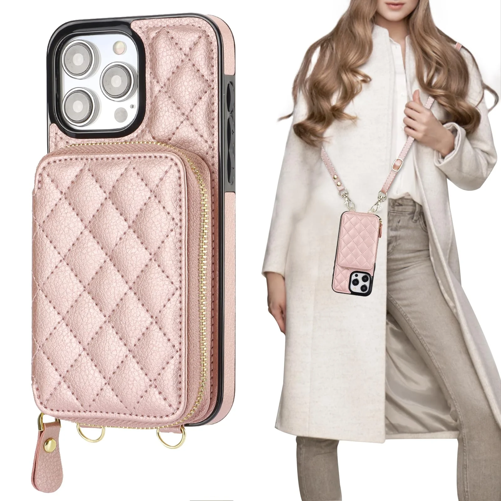 Bocasal Crossbody Wallet Case for iPhone 15 Pro Max, RFID Blocking PU Leather Zipper Handbag Purse Flip Cover, Kickstand Folio Case with Card Slots Holder Wrist Strap Lanyard 5G 6.7 Inch (Rose Gold) Rose Gold