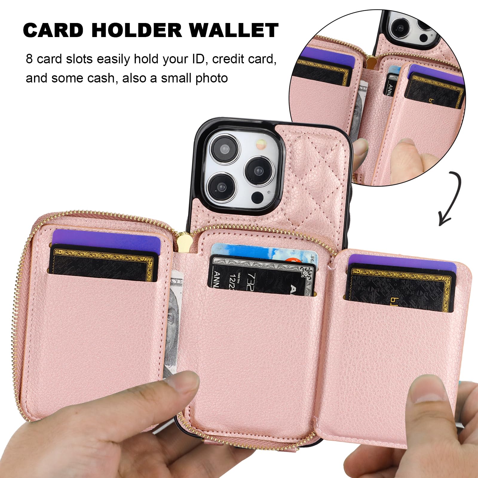 Bocasal Crossbody Wallet Case for iPhone 15 Pro Max, RFID Blocking PU Leather Zipper Handbag Purse Flip Cover, Kickstand Folio Case with Card Slots Holder Wrist Strap Lanyard 5G 6.7 Inch (Rose Gold) Rose Gold - Image 4