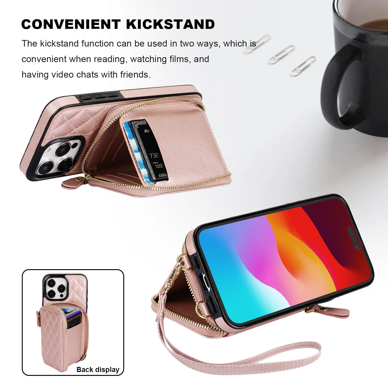 Bocasal Crossbody Wallet Case for iPhone 15 Pro Max, RFID Blocking PU Leather Zipper Handbag Purse Flip Cover, Kickstand Folio Case with Card Slots Holder Wrist Strap Lanyard 5G 6.7 Inch (Rose Gold) Rose Gold - Image 6