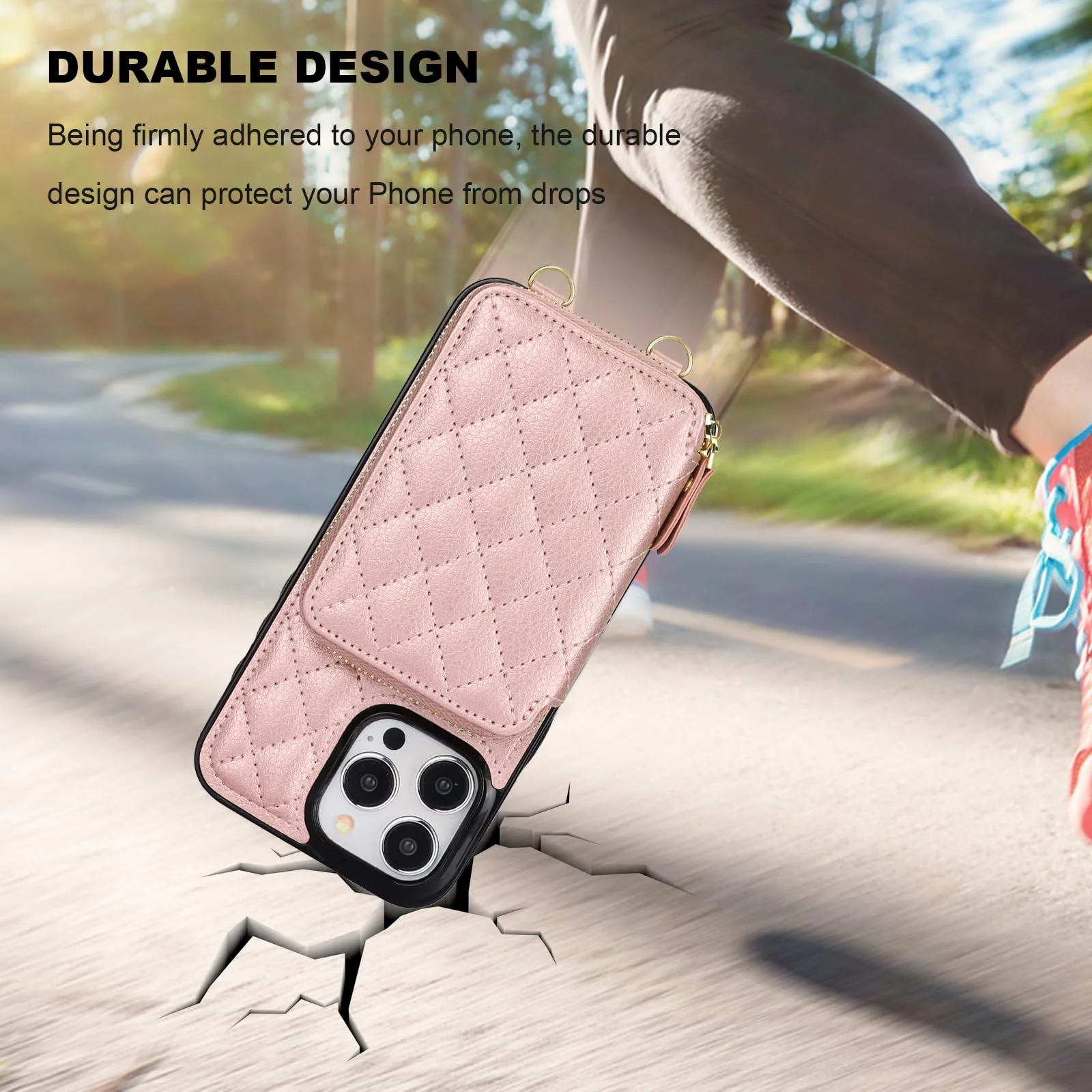Bocasal Crossbody Wallet Case for iPhone 15 Pro Max, RFID Blocking PU Leather Zipper Handbag Purse Flip Cover, Kickstand Folio Case with Card Slots Holder Wrist Strap Lanyard 5G 6.7 Inch (Rose Gold) Rose Gold - Image 8