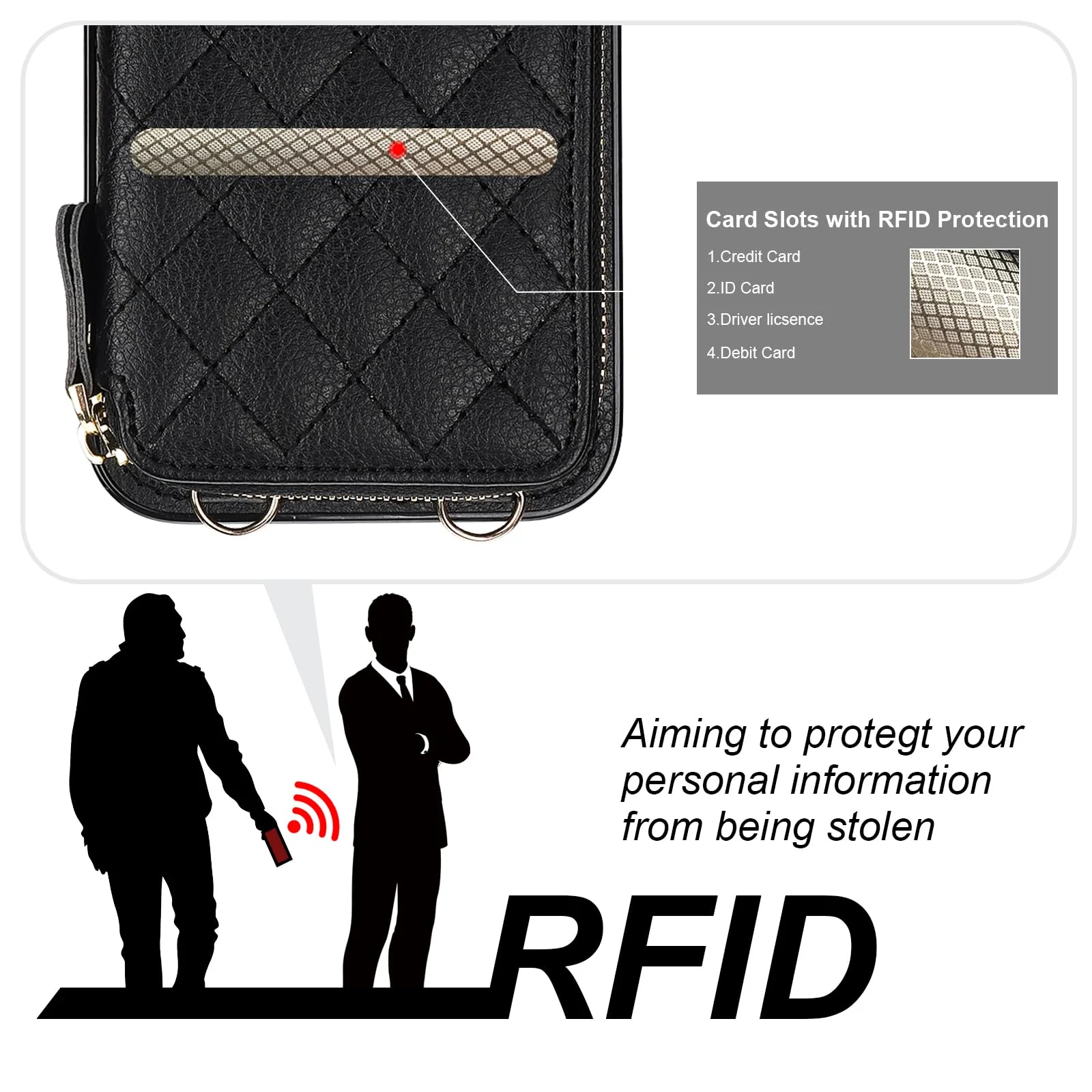 Bocasal Crossbody Wallet Case for iPhone 15 Pro, RFID Blocking PU Leather Zipper Handbag Purse Flip Cover, Kickstand Folio Case with Card Slots Holder Wrist Strap Lanyard 5G 6.1 Inch (Black) Black - Image 3