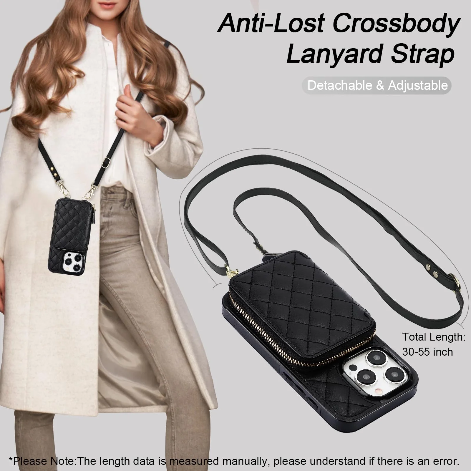 Bocasal Crossbody Wallet Case for iPhone 15 Pro, RFID Blocking PU Leather Zipper Handbag Purse Flip Cover, Kickstand Folio Case with Card Slots Holder Wrist Strap Lanyard 5G 6.1 Inch (Black) Black - Image 5