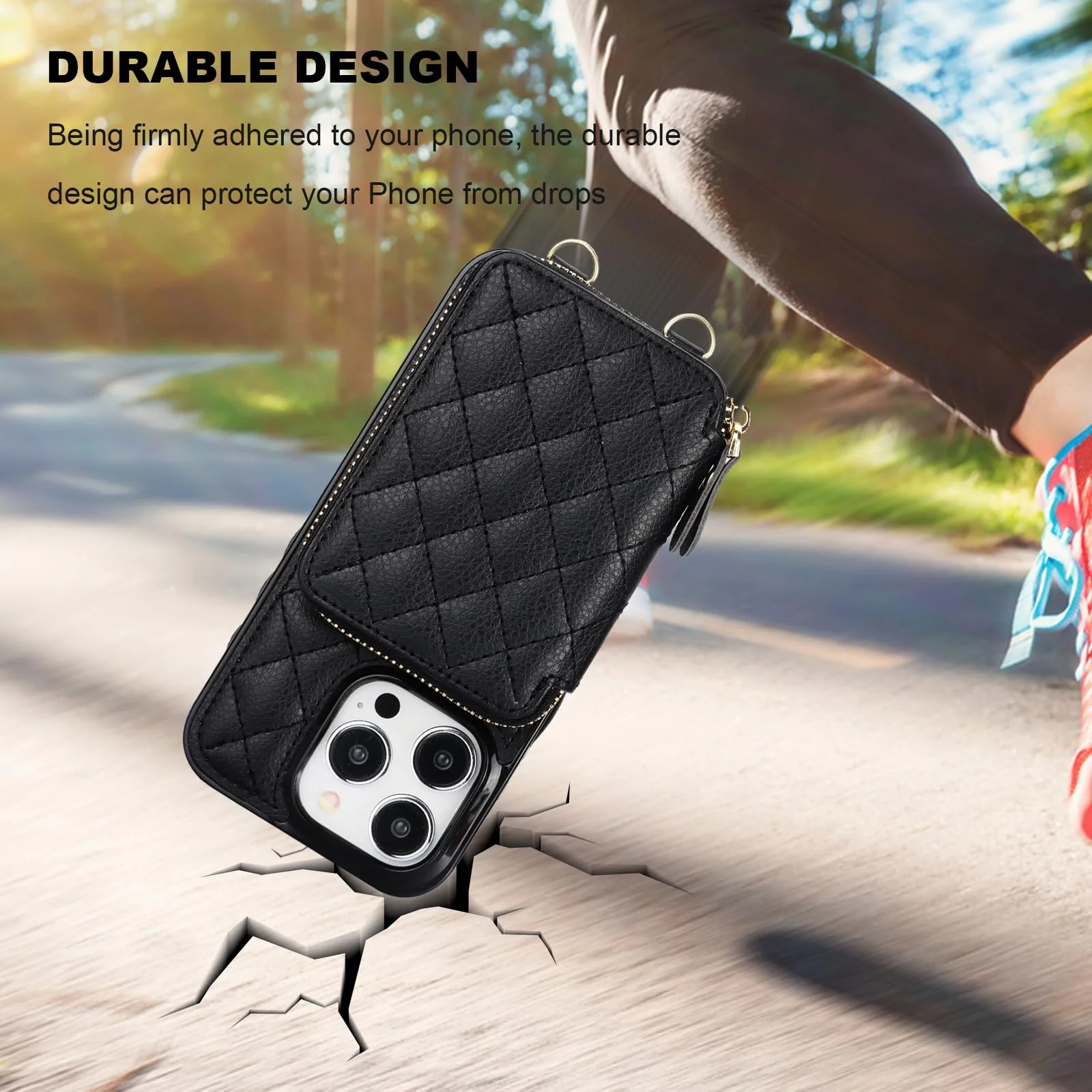 Bocasal Crossbody Wallet Case for iPhone 15 Pro, RFID Blocking PU Leather Zipper Handbag Purse Flip Cover, Kickstand Folio Case with Card Slots Holder Wrist Strap Lanyard 5G 6.1 Inch (Black) Black - Image 8