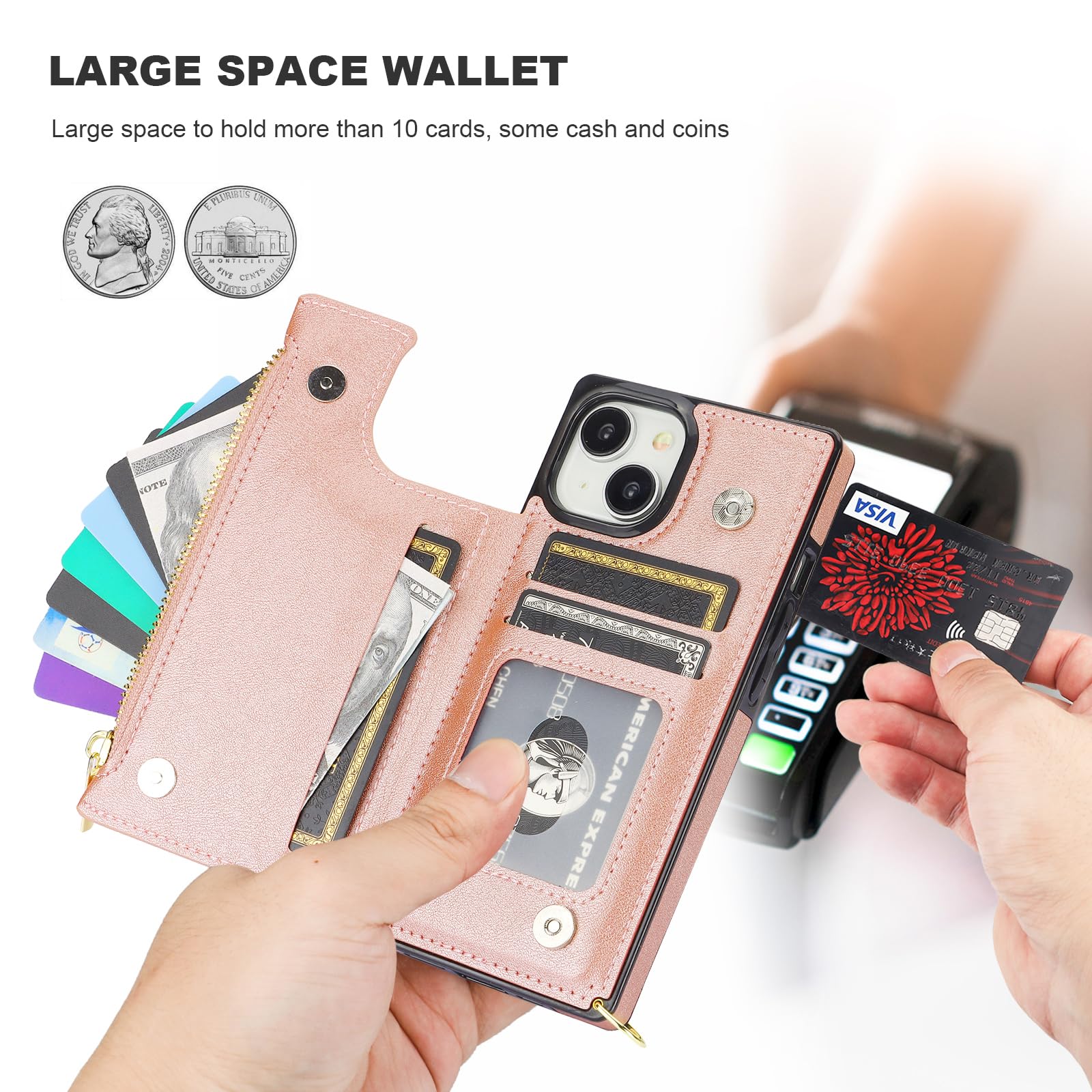 Bocasal Crossbody Wallet Case for iPhone 15 with RFID Blocking Card Slot Holder, Magnetic Flip Folio Purse Case, PU Leather Zipper Handbag with Detachable Lanyard Strap 6.1 Inch 5G (Rose Gold) Rose Gold - Image 3
