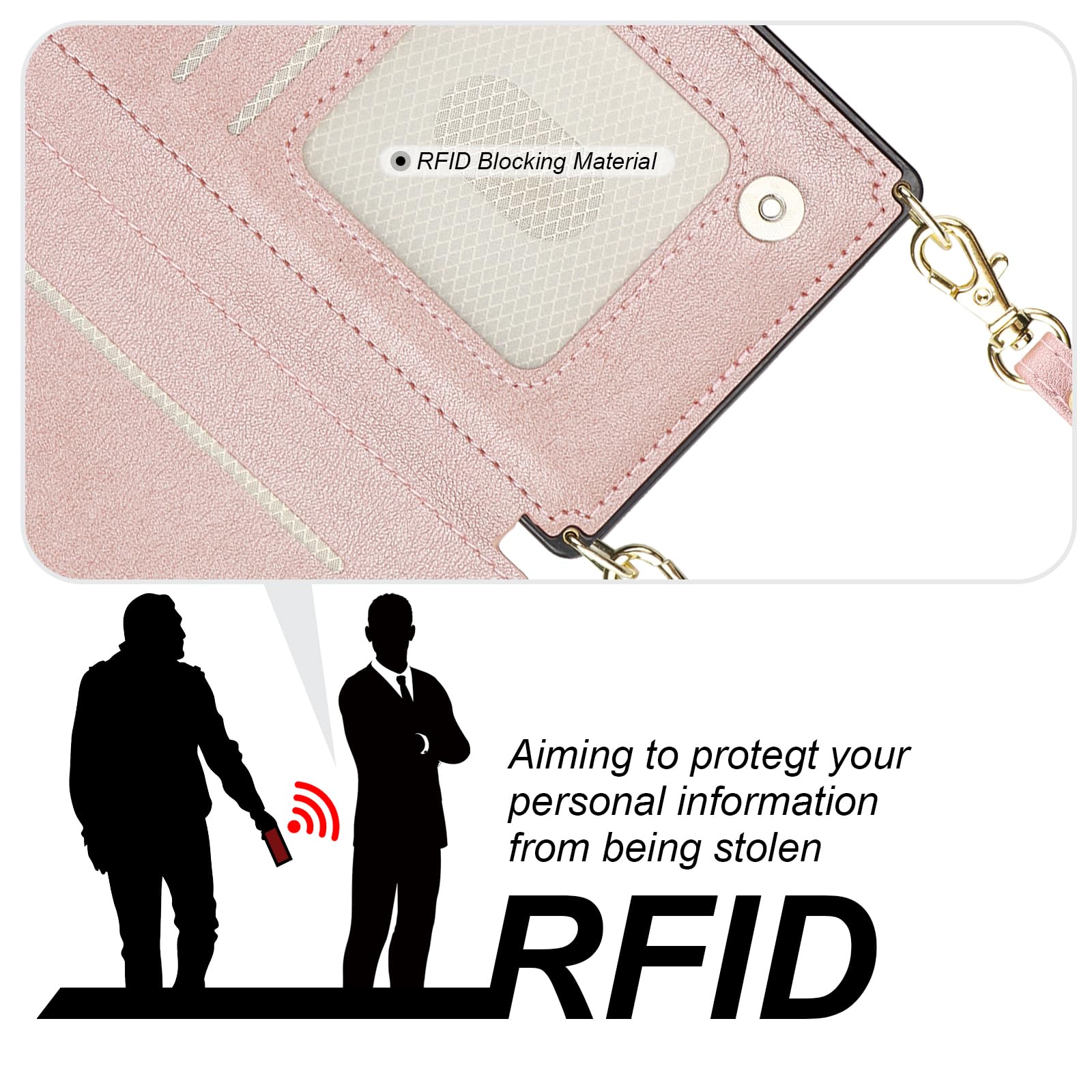 Bocasal Crossbody Wallet Case for iPhone 15 with RFID Blocking Card Slot Holder, Magnetic Flip Folio Purse Case, PU Leather Zipper Handbag with Detachable Lanyard Strap 6.1 Inch 5G (Rose Gold) Rose Gold - Image 4