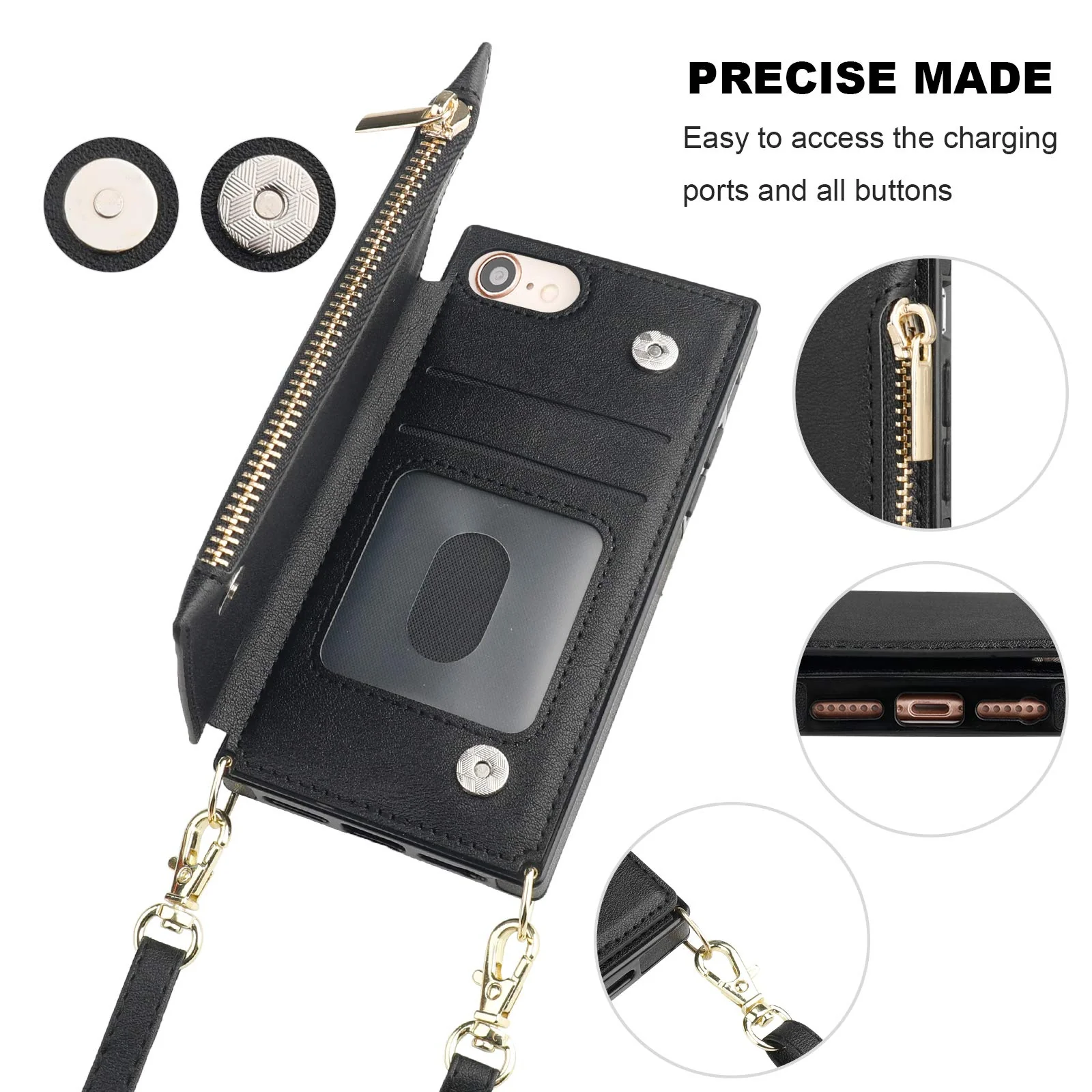 Bocasal Crossbody Wallet Case for iPhone SE 2022/SE 2020/7/8 with Card Holder,Zipper Card Slot Protector Shockproof Purse Cover with Removable Cross Body Strap 4.7 Inch(Black) Black For iPhone 7/8/SE3 2022/SE2 2020(4.7 inch display) - Image 6