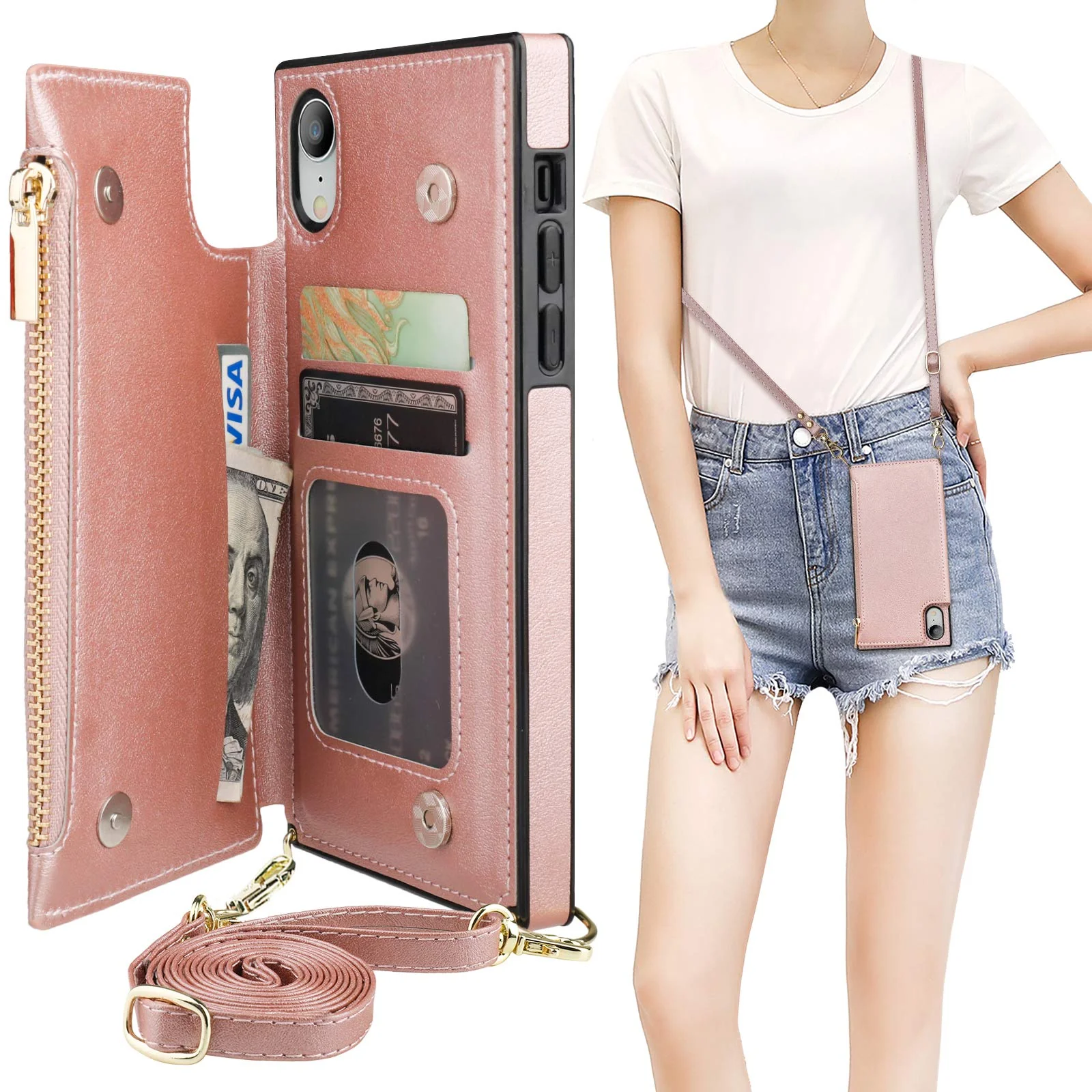 Bocasal Crossbody Wallet Case for iPhone Xr with Card Holder,Zipper Card Slot Protector Shockproof Purse Cover with Removable Cross Body Strap 6.1 Inch(Rose Gold) Rose Gold For iPhone Xr 6.1 inch display