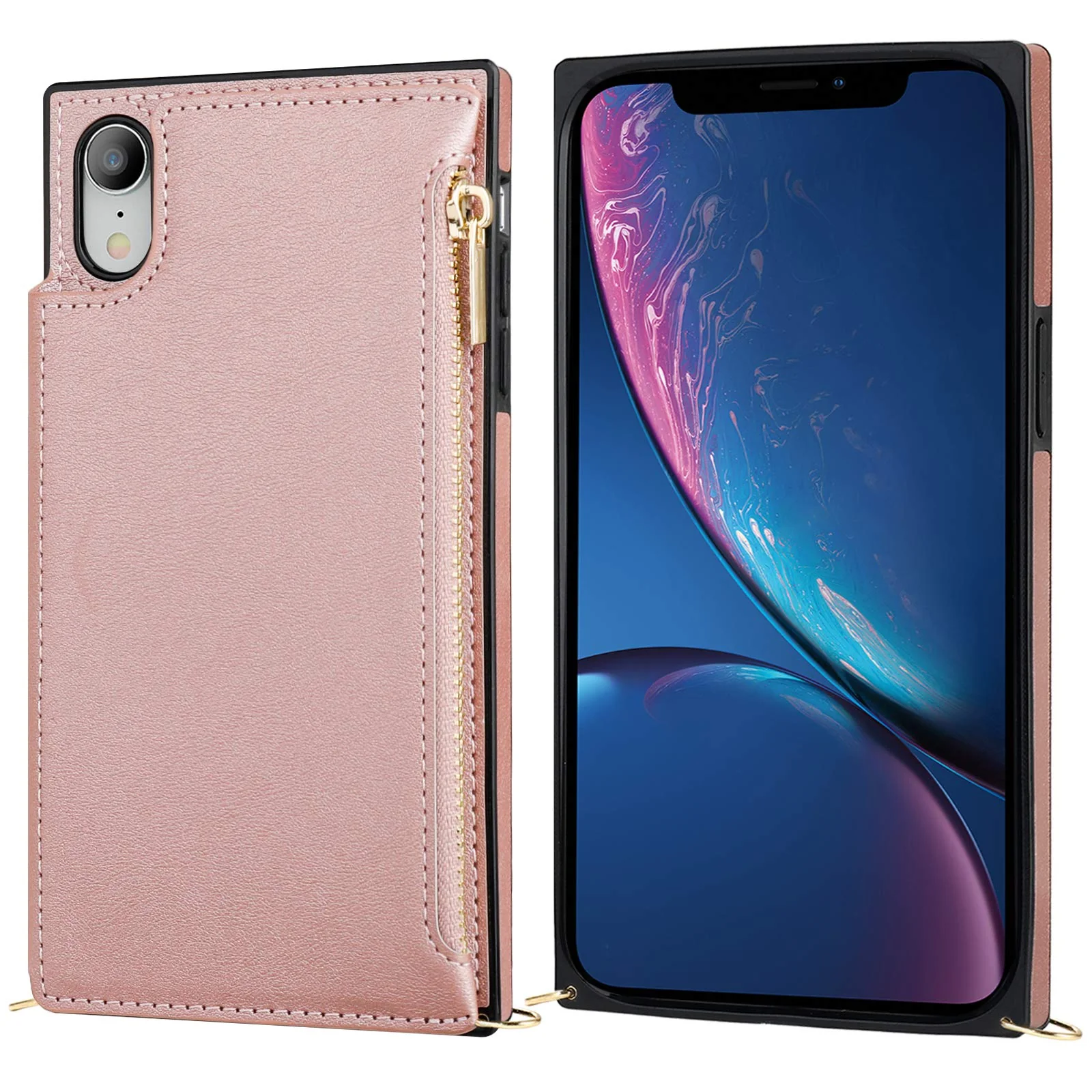 Bocasal Crossbody Wallet Case for iPhone Xr with Card Holder,Zipper Card Slot Protector Shockproof Purse Cover with Removable Cross Body Strap 6.1 Inch(Rose Gold) Rose Gold For iPhone Xr 6.1 inch display - Image 5