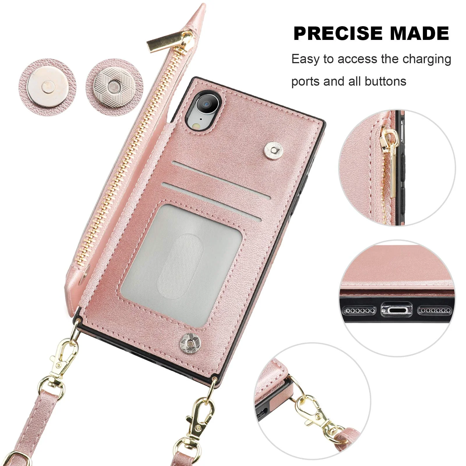Bocasal Crossbody Wallet Case for iPhone Xr with Card Holder,Zipper Card Slot Protector Shockproof Purse Cover with Removable Cross Body Strap 6.1 Inch(Rose Gold) Rose Gold For iPhone Xr 6.1 inch display - Image 6