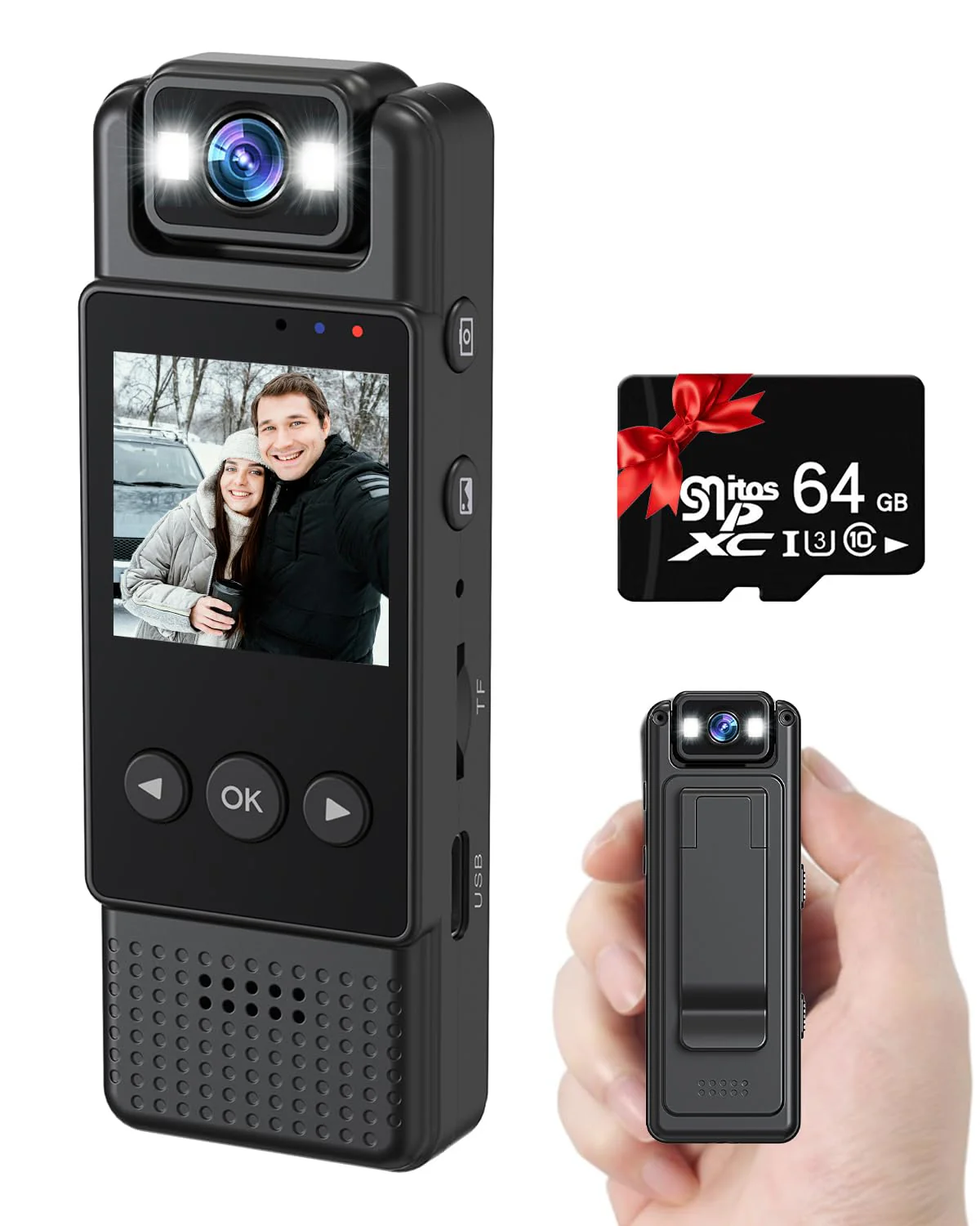 Body Camera with Audio and Video Recording 1080P 64G Small Wearable Body Cam with 1.3”LCD Screen, 180° Rotating Len, Night Vision for Personal Civilians Police Law Enforcement