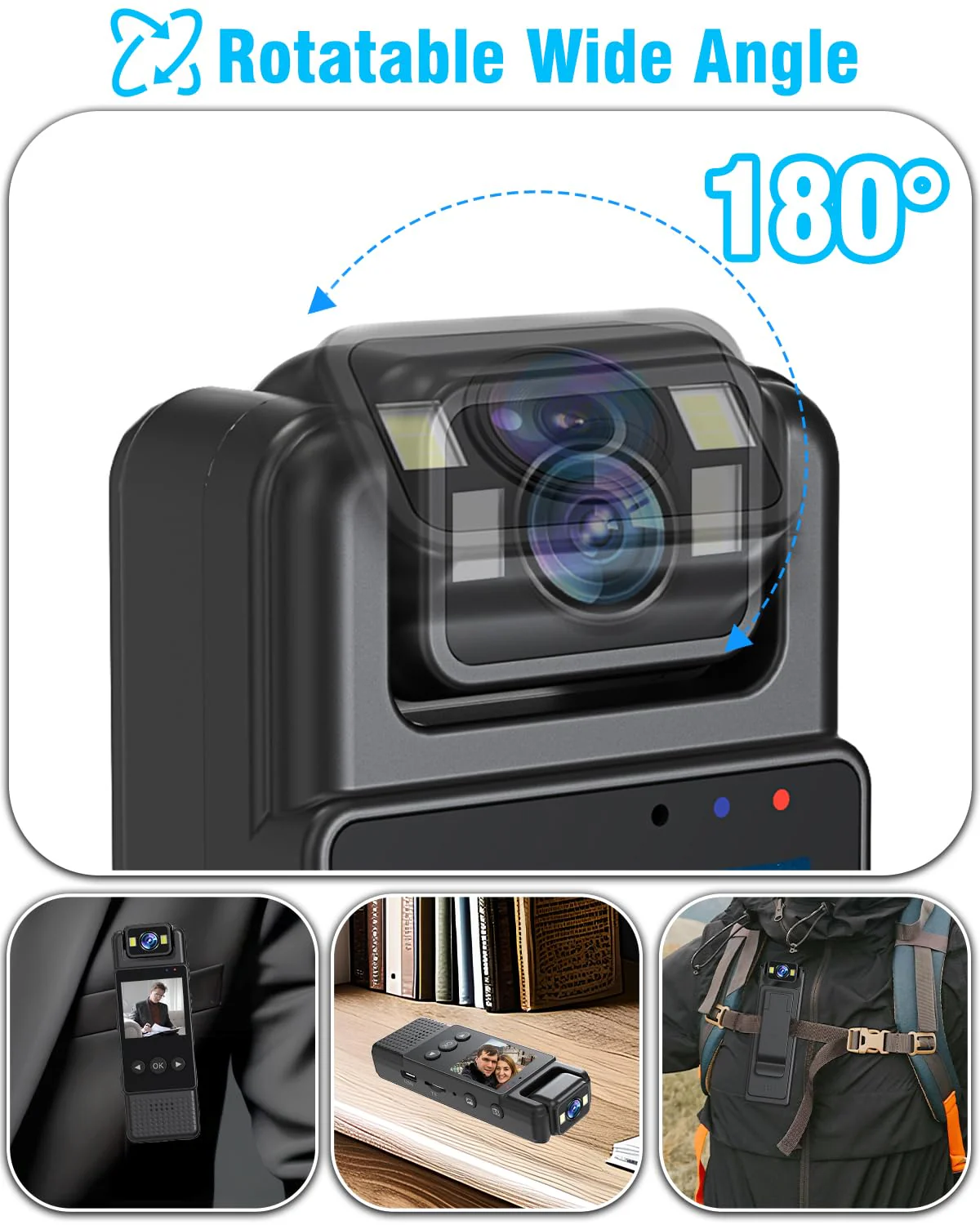Body Camera with Audio and Video Recording 1080P 64G Small Wearable Body Cam with 1.3”LCD Screen, 180° Rotating Len, Night Vision for Personal Civilians Police Law Enforcement - Image 5