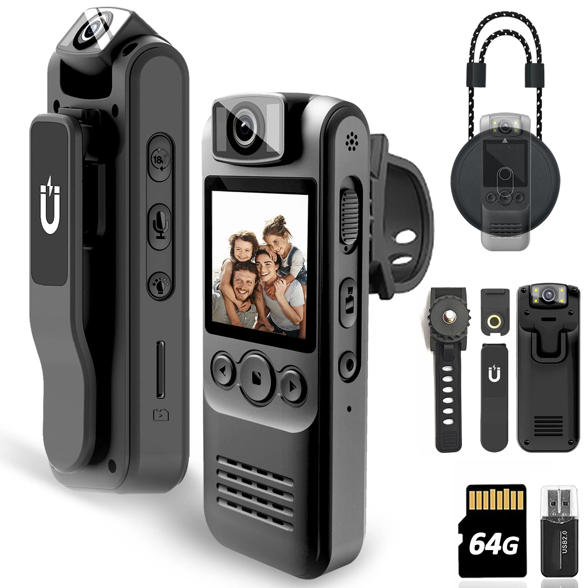 Body Camera with Audio & Video Recording- 64GB 1080P HD Police Cop Cam for Outdoor Law Enforcement Guard Travel Hike Cameras- With 1.4 in-Screen Magnetic Lanyard Flashlight 6HR Battery Life Recorder