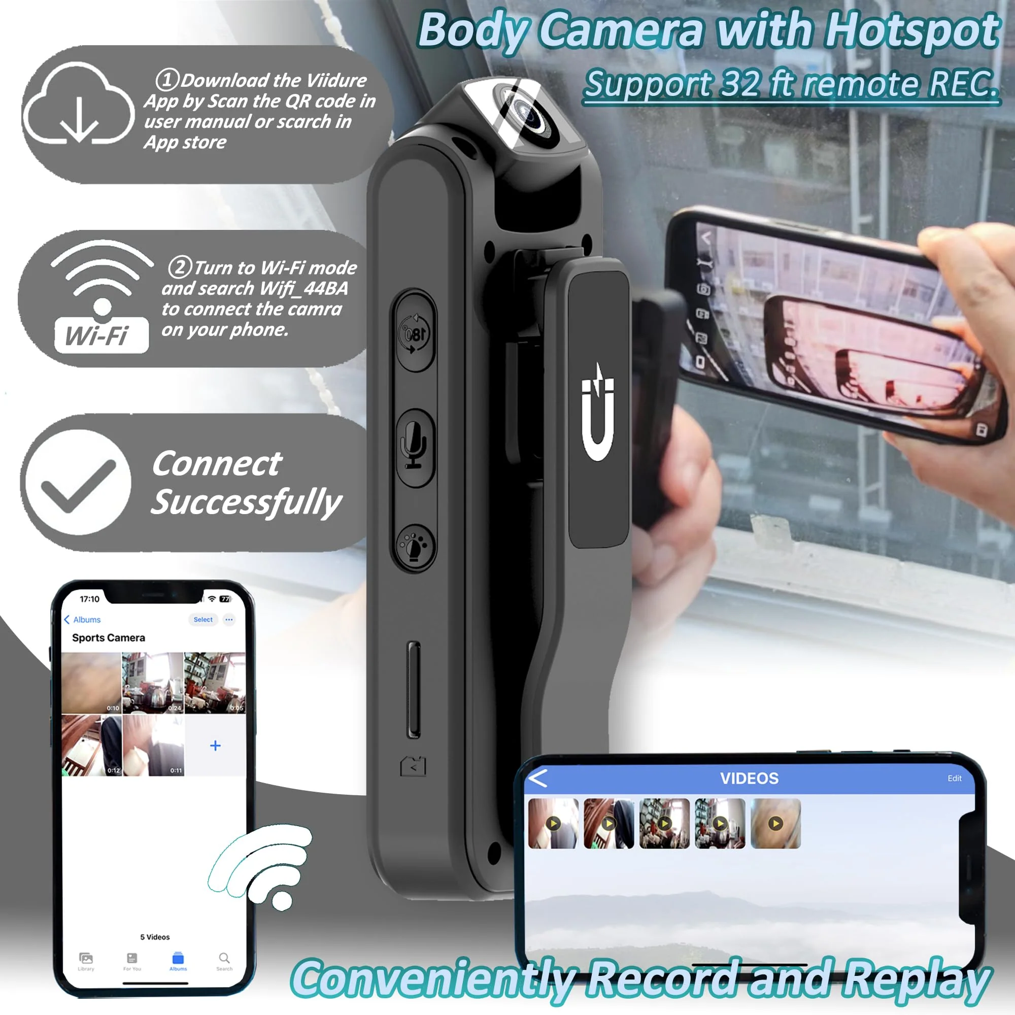 Body Camera with Audio & Video Recording- 64GB 1080P HD Police Cop Cam for Outdoor Law Enforcement Guard Travel Hike Cameras- With 1.4 in-Screen Magnetic Lanyard Flashlight 6HR Battery Life Recorder - Image 3
