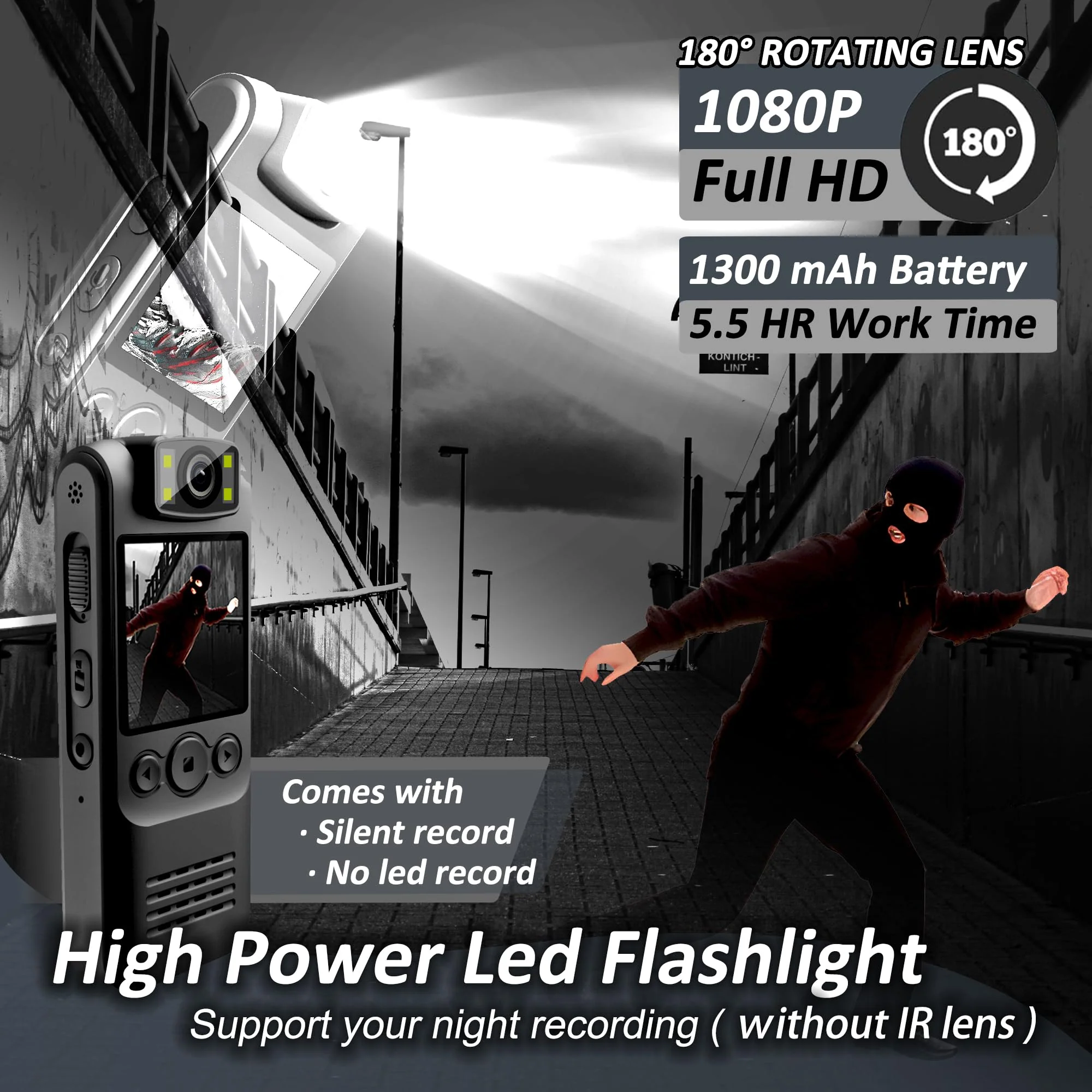 Body Camera with Audio & Video Recording- 64GB 1080P HD Police Cop Cam for Outdoor Law Enforcement Guard Travel Hike Cameras- With 1.4 in-Screen Magnetic Lanyard Flashlight 6HR Battery Life Recorder - Image 4
