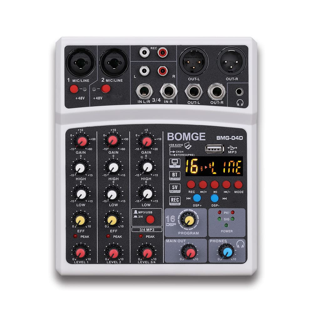 BOMGE 4 Channel dj Bluetooth Audio Mini Mixer with Effects, USB Interface, Stereo Recording, 48V Phantom Power for PC,phone(White) white