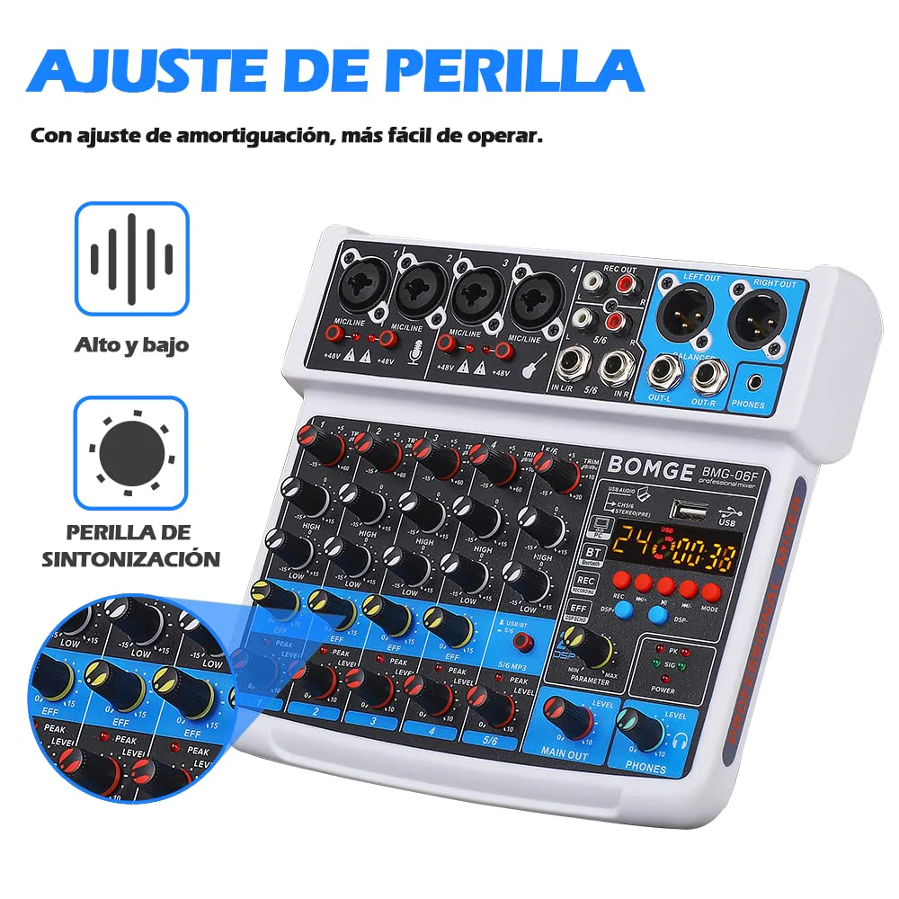 BOMGE 6 Channel mini DJ Audio sound mixer console with USB interface, Bluetooth, Stereo Recording, 48V Phantom Power, 24 DSP effects for karaoke, singing, live,streaming,pc recroding. (white) white - Image 4