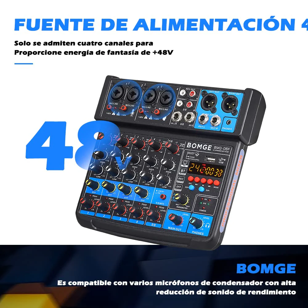BOMGE 6 Channel mini DJ Audio sound mixer console with USB interface, Bluetooth, Stereo Recording, 48V Phantom Power, 24 DSP effects for karaoke, singing, live,streaming,pc recroding. (white) white - Image 5