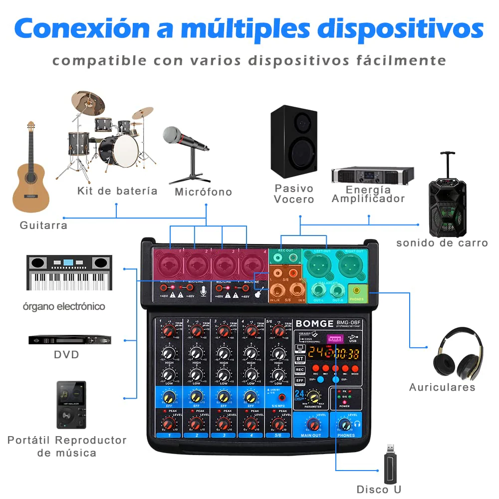 BOMGE 6 Channel mini DJ Audio sound mixer console with USB interface, Bluetooth, Stereo Recording, 48V Phantom Power, 24 DSP effects for karaoke, singing, live,streaming,pc recroding. (white) white - Image 7