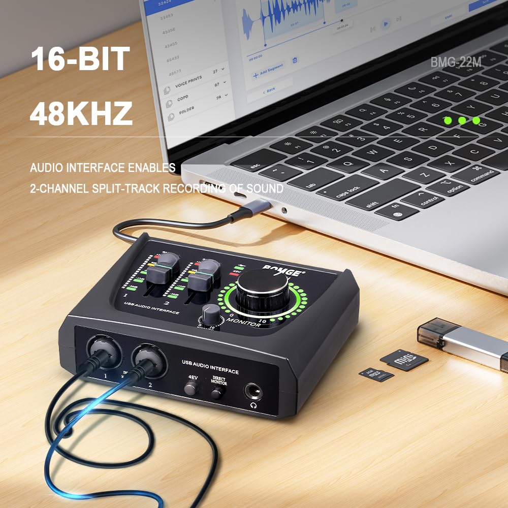 BOMGE mini 2 Channel USB Audio Interface for Recording, Streaming and Podcasting, with XLR/48V Phantom Power,Studio Quality Audio Interface for Guitarist, Vocalist, Podcaster or Producer - Image 4