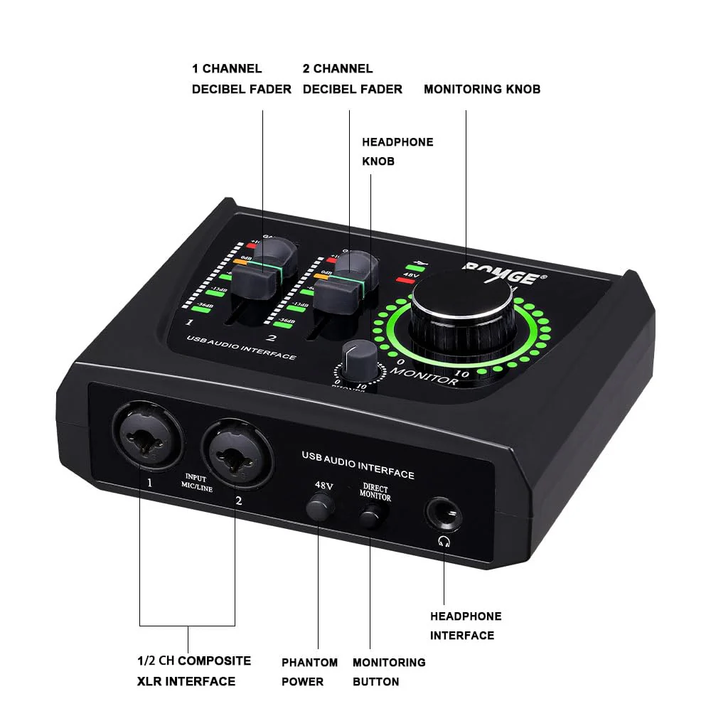 BOMGE mini 2 Channel USB Audio Interface for Recording, Streaming and Podcasting, with XLR/48V Phantom Power,Studio Quality Audio Interface for Guitarist, Vocalist, Podcaster or Producer - Image 9