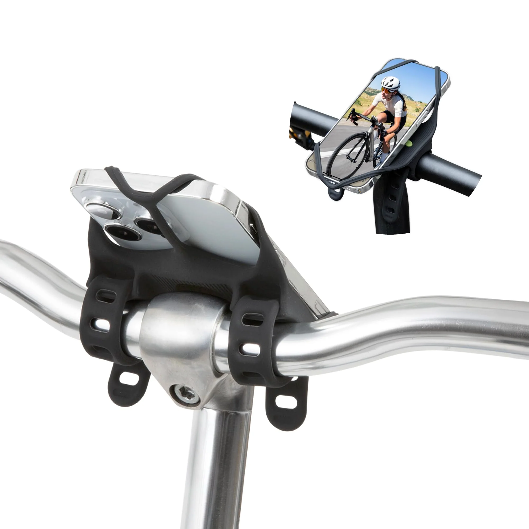 Bone Bike Tie 4 Pro Max, Universal Bike Phone Mount, Elastic Dual-Strap Design Bicycle Holder for T-Shape U-Shape Stem, E-Bike Stemless Bikes with Shock-Absorption Compatiable with Phones 4.7-7.2"
