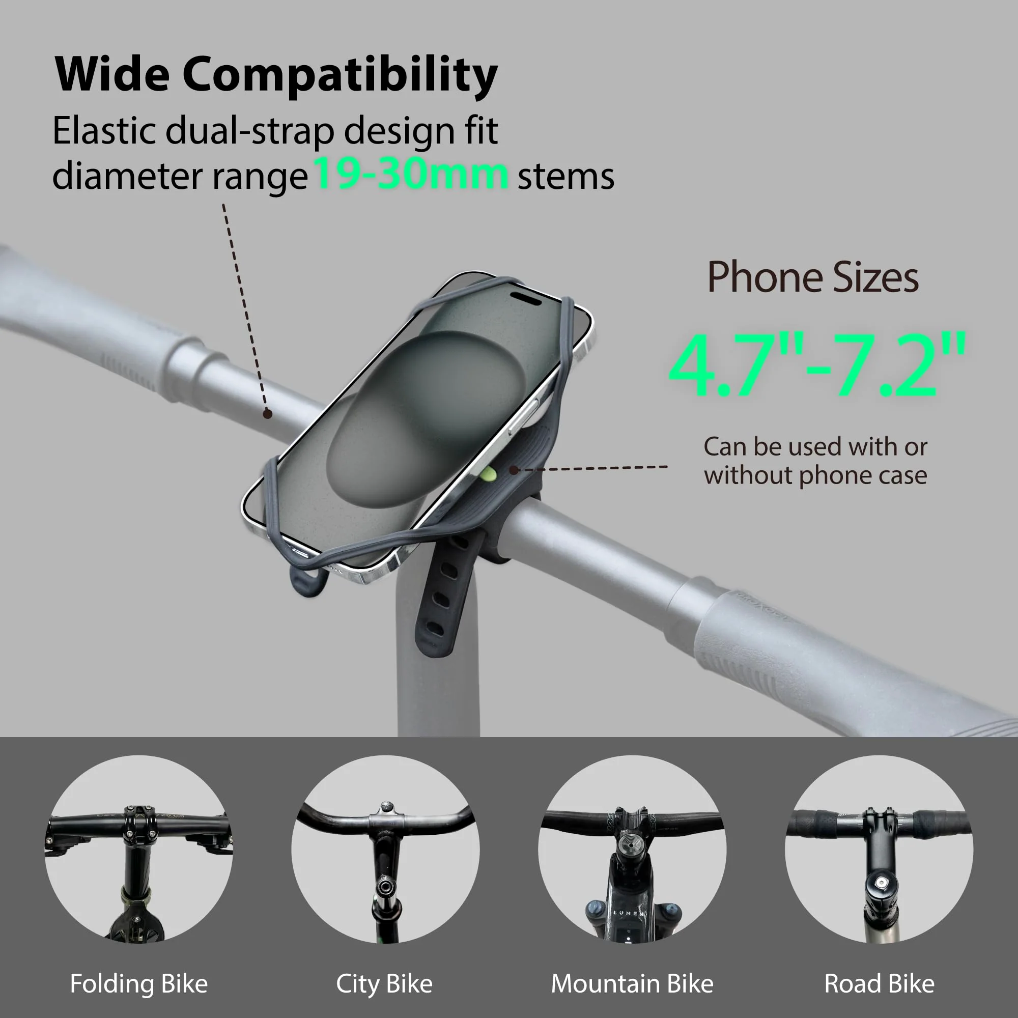 Bone Bike Tie 4 Pro Max, Universal Bike Phone Mount, Elastic Dual-Strap Design Bicycle Holder for T-Shape U-Shape Stem, E-Bike Stemless Bikes with Shock-Absorption Compatiable with Phones 4.7-7.2" - Image 2