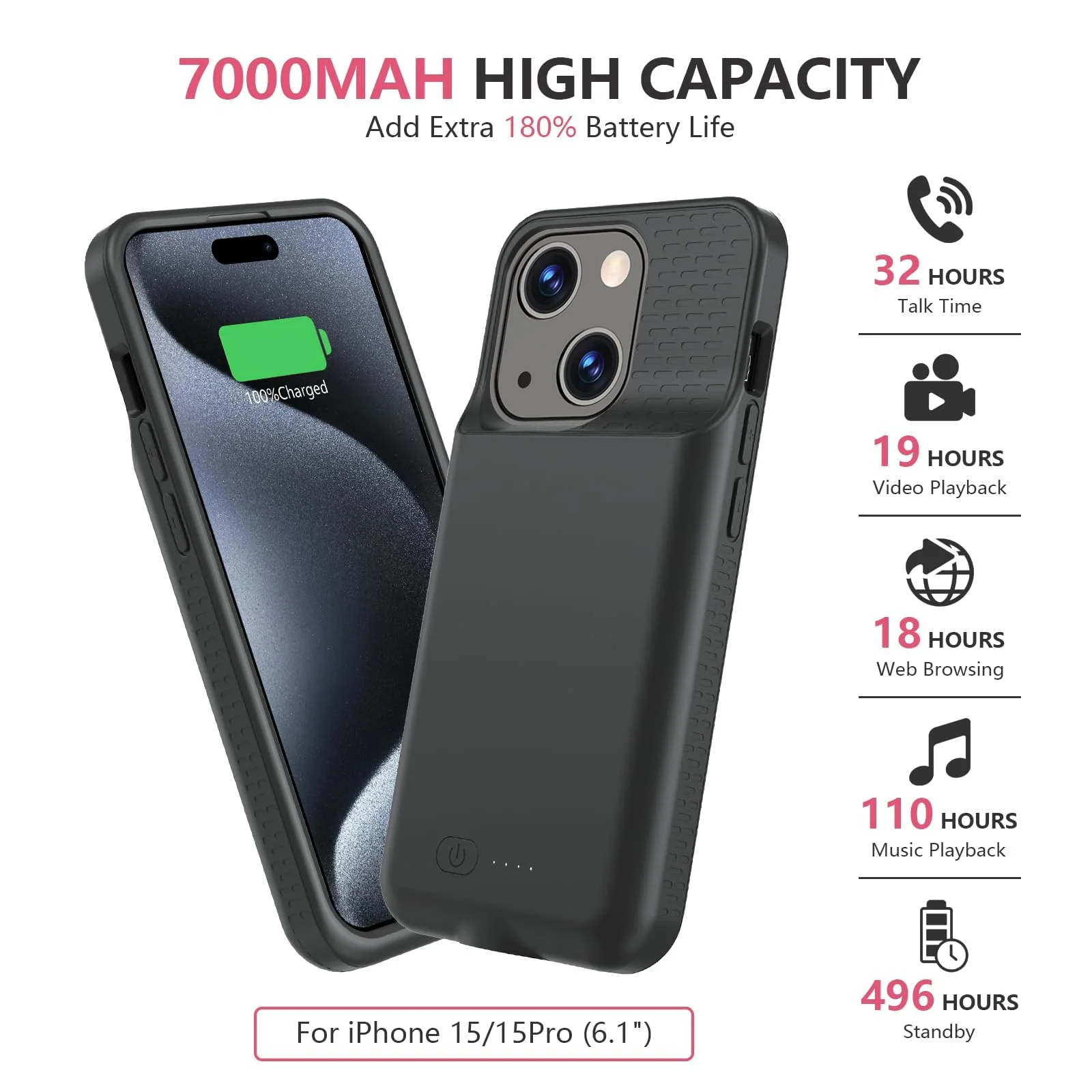 BOPPS Battery Case for iPhone 15/15 Pro,【New Upgrade】 15W Fast Powerful 7000mAh Charger Case Rechargeable Anti-Fall Premium TPU Anti-Slip for iPhone 15/15 Pro Charging Case 6.1inch,Black iPhone15/15 Pro Black - Image 3