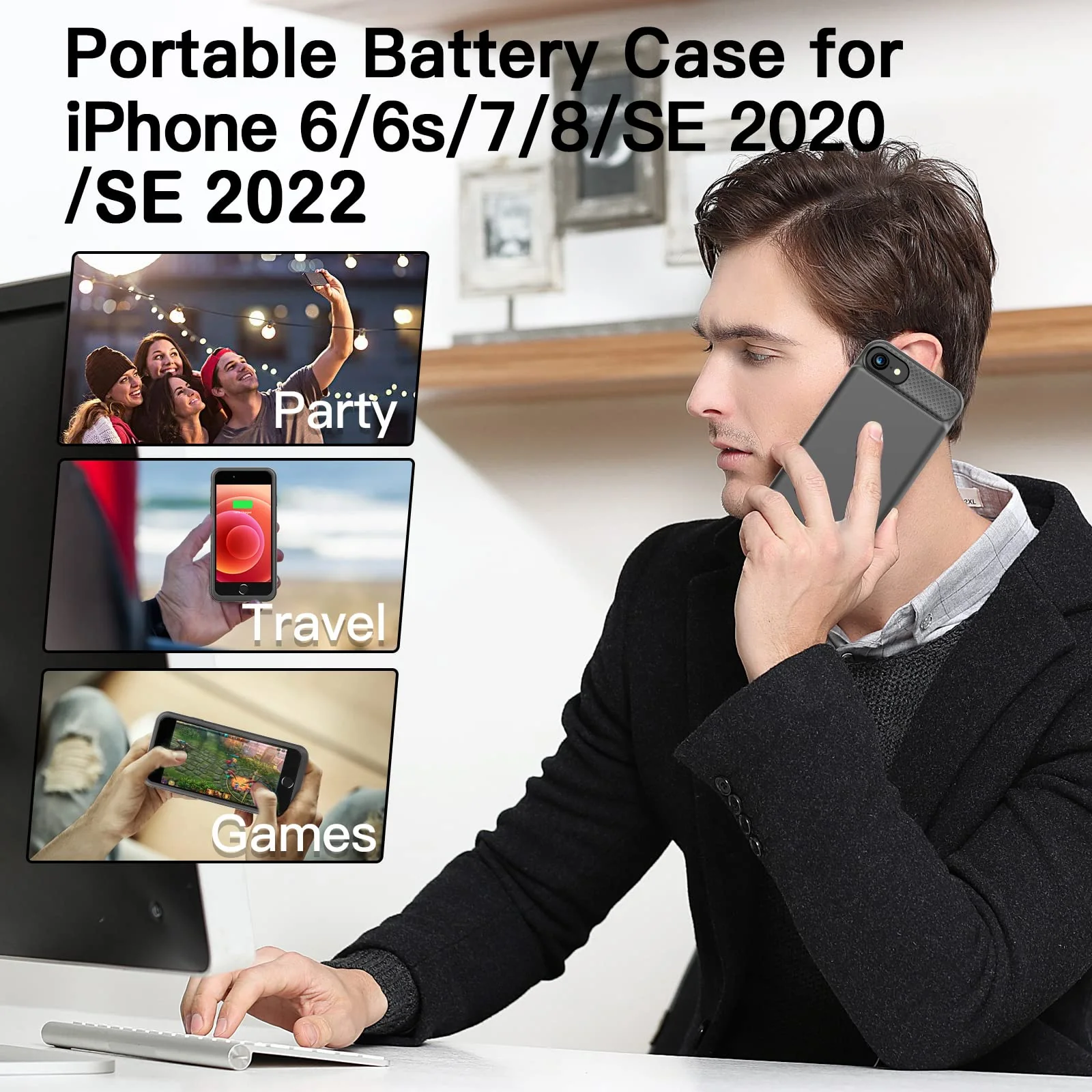 BOPPS Battery Case for iPhone 8/7/6s/6/SE(2022/2020), Ultra Slim Powerful 6000mAh iPhone Charging Case 360°Protection Rechargeable Extended Battery Charger Case for iPhone 8/7/6s/6/SE(3rd and 2nd gen) Black - Image 3