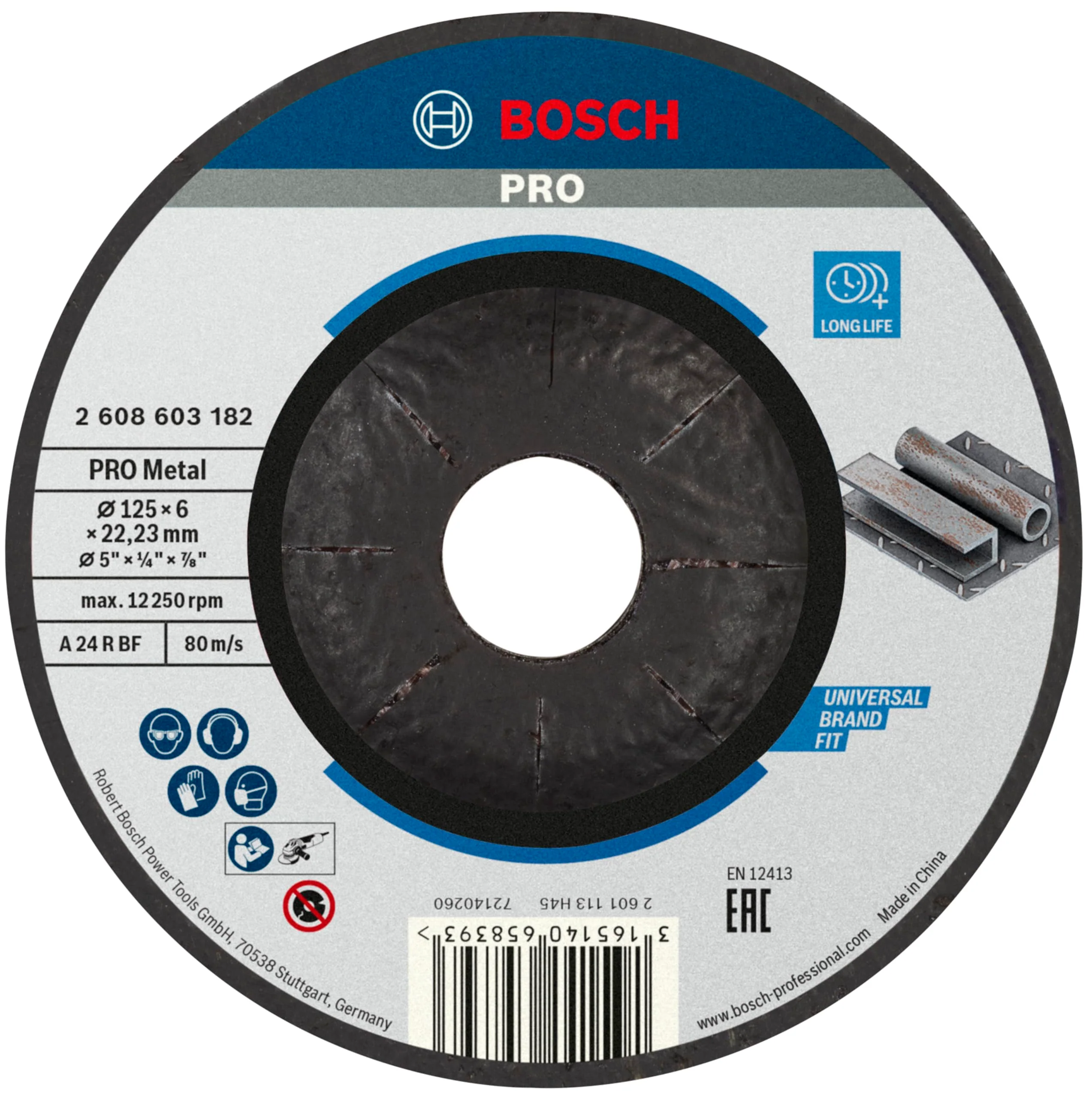 Bosch 1x PRO Metal Longlife Grinding Disc for Small Angle Grinder and Bore 22.23 mm (for Steel, Ø 125 mm, Professional Accessory Small Angle Grinder) Grey
