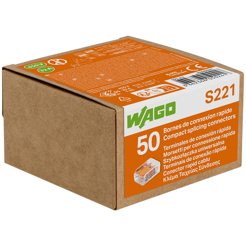 Box of 50 WAGO Connection Terminals 2 Conductors Series 221 - Easy and Safe Installation for All Your Electrical Projects