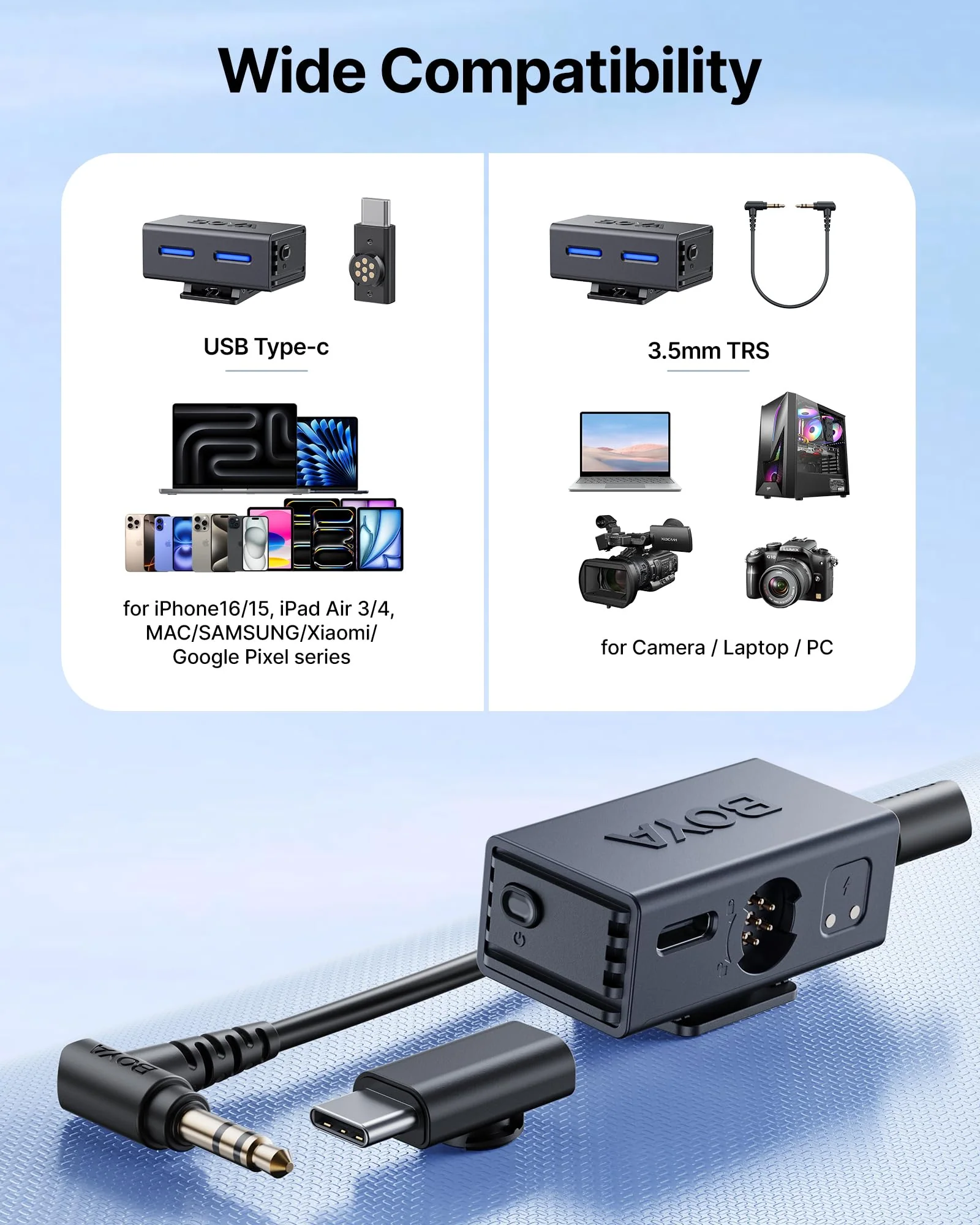 BOYA BOYALINK 3 Wireless Lavalier Microphone for iPhone/Android/Camera/PC/Tablets,AI Noise Cancellation, 48kHz/24Bit Studio Sound,APP Control, 984ft 6h Battery for Vlogging Interview(No Charging Case) (No Charging Case)Type-C+Lightning+3.5mm - Image 5