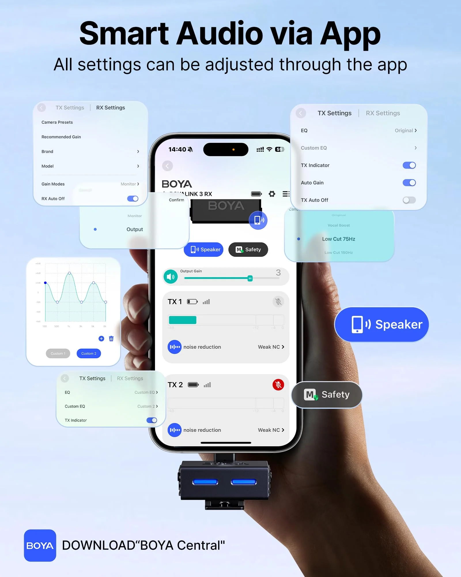 BOYA BOYALINK 3 Wireless Lavalier Microphone for iPhone/Android/Camera/PC/Tablets,AI Noise Cancellation, 48kHz/24Bit Studio Sound,APP Control, 984ft 6h Battery for Vlogging Interview(No Charging Case) (No Charging Case)Type-C+Lightning+3.5mm - Image 7