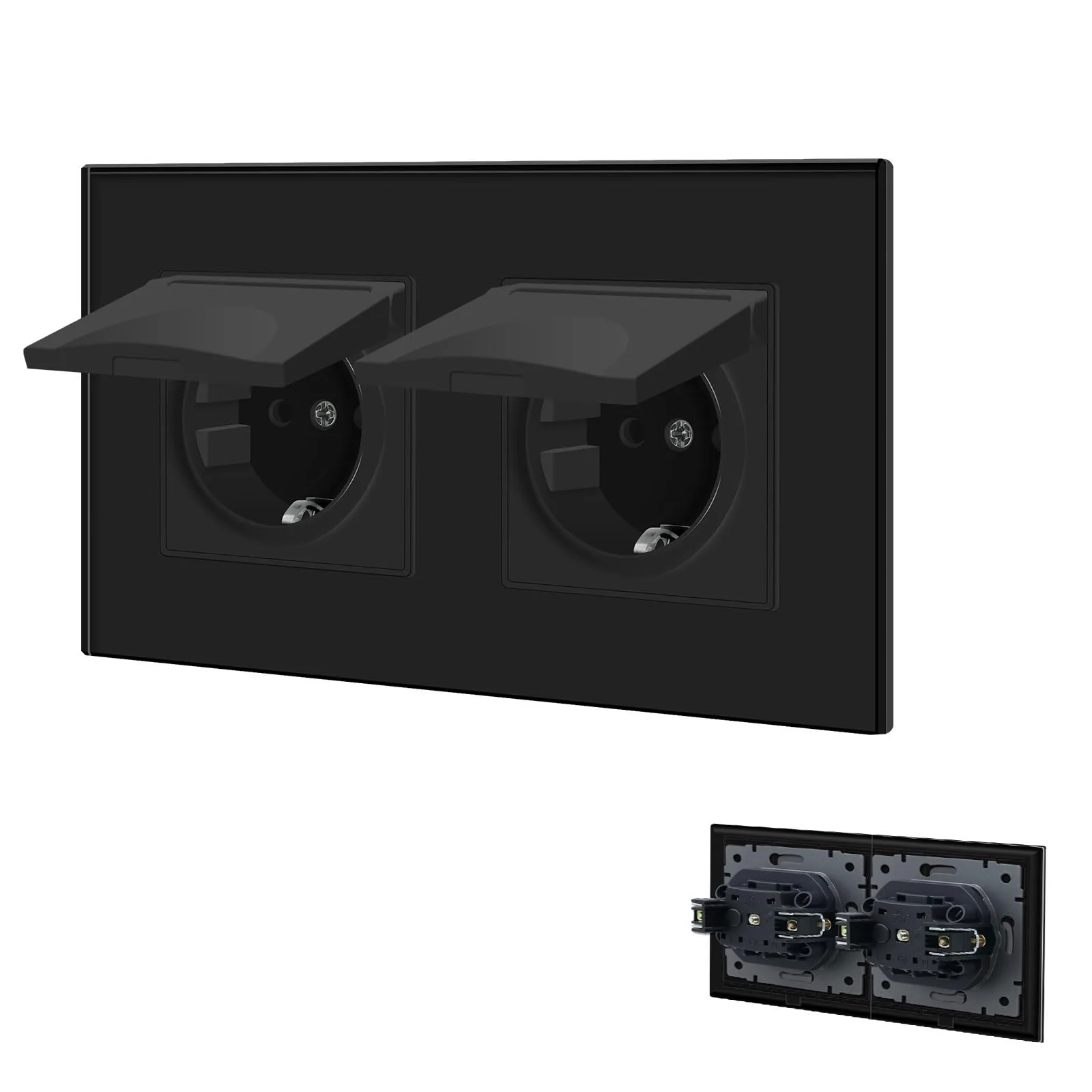 BSEED 2-Way Socket with Waterproof Cover, Schuko Socket with Plug-In Terminal, Flush-Mounted Socket with Crystal Glass Plate, Double Socket, Built-in Socket, 16 Amp, Wall Socket, 157 mm, Black 2 compartments with waterproof cover