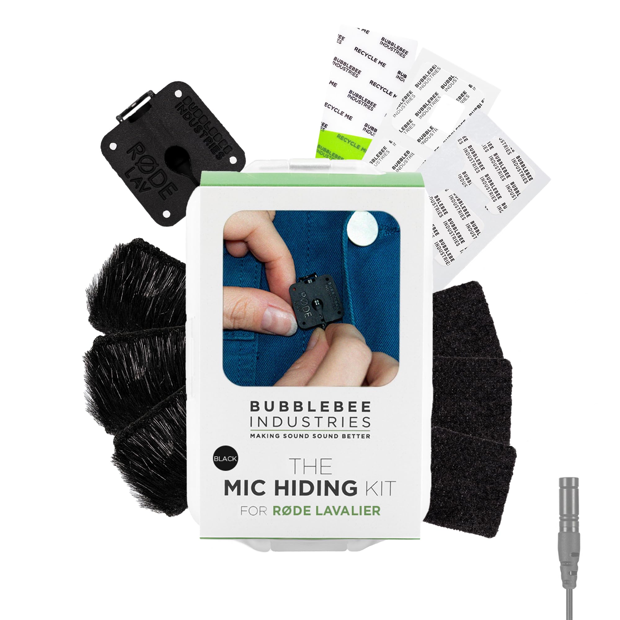 Bubblebee Industries Mic Hiding Kit for RODE Lavalier White – Hiding Microphone Kit, Noise & Wind Reduction RODE Dead Cat for Content Creators, Videographers, Audio Engineers, Filmmakers Black