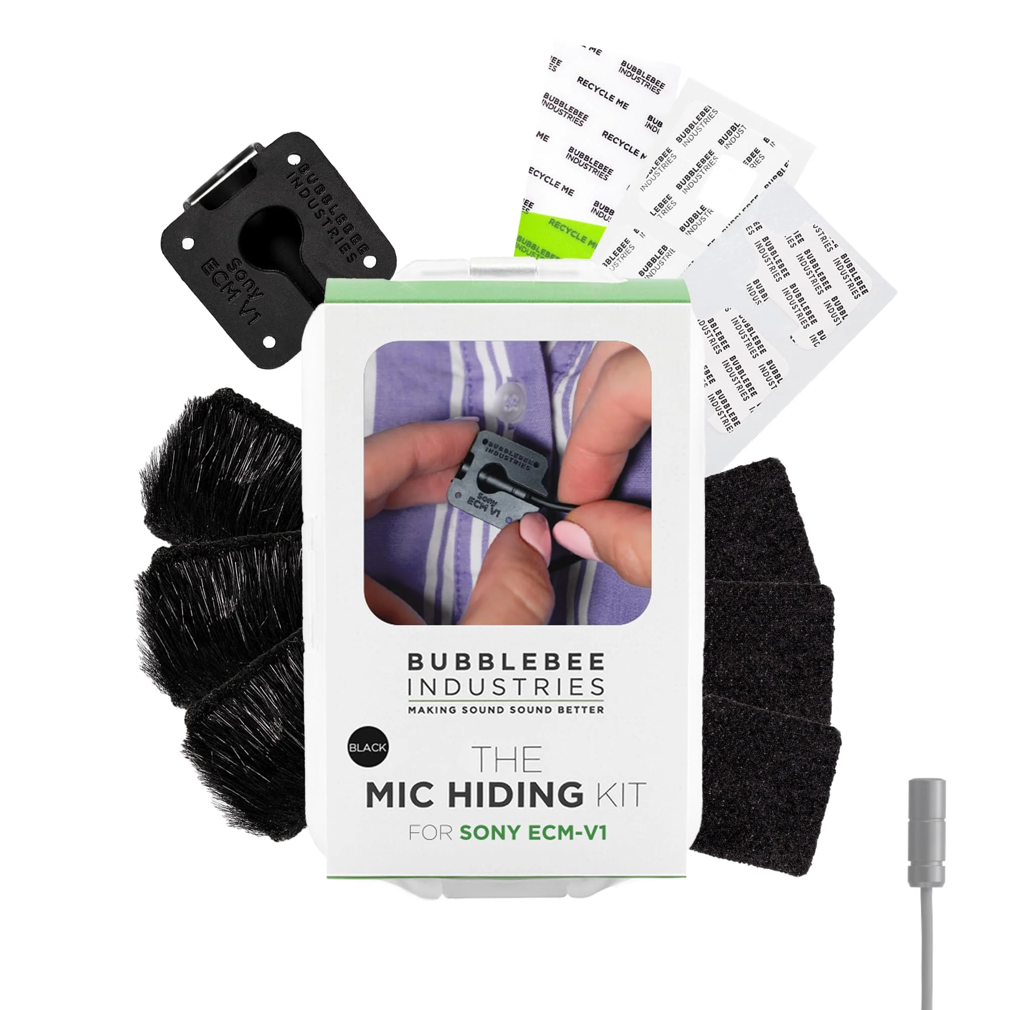 Bubblebee Mic Hiding Kit for Sony ECM V1 - Lapel Microphone Hiding, Noise & Wind Reduction Wind Muff, Dead Cat Mic Cover & Case for Content Creators, Videographers, Audio Engineers & Filmmakers, Black