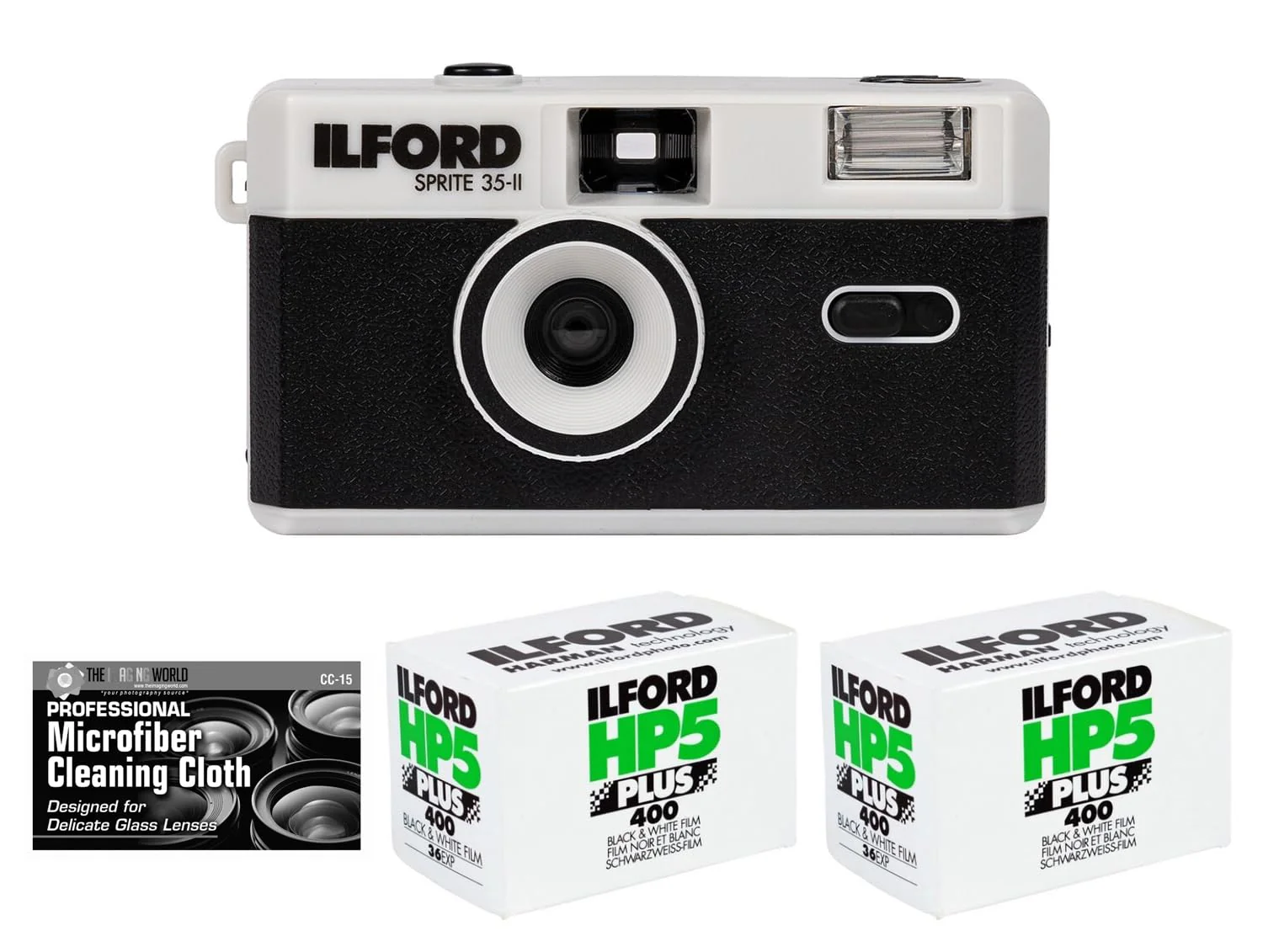 Bundle of Ilford Sprite 35-II Reusable/Reloadable 35mm Analog Film Camera (Black and Silver) with Two Rolls of HP5 Film and Cloth