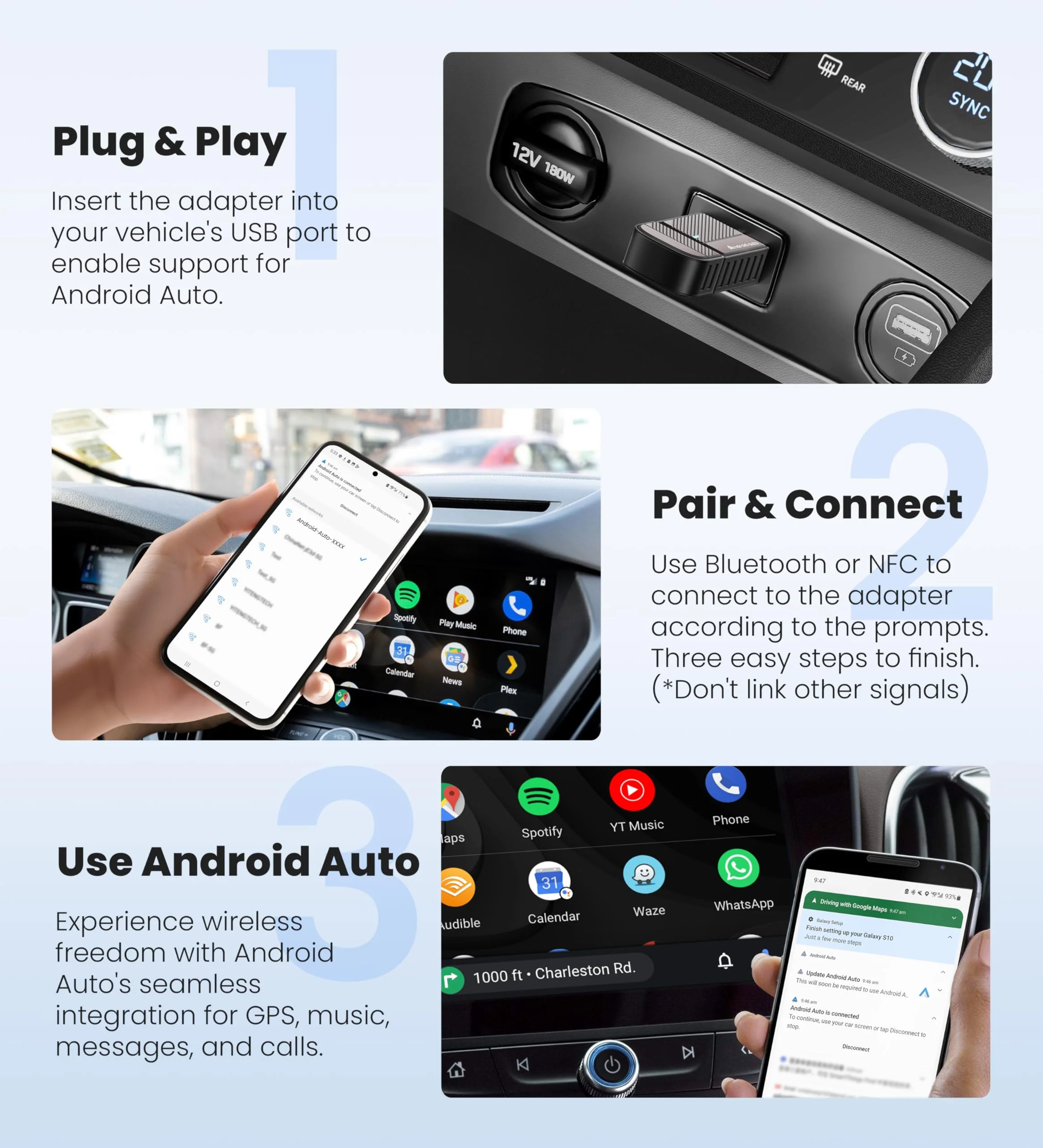ByteWave Android Auto Wireless Adapter, 2025 NFC Convert Wired to Wireless Android Auto Car Adapter with 5.8GHz WiFi, Mini Android Auto Dongle Compatible for Android 12+ and 2016+ Cars, USB-A/C, Black - Image 5
