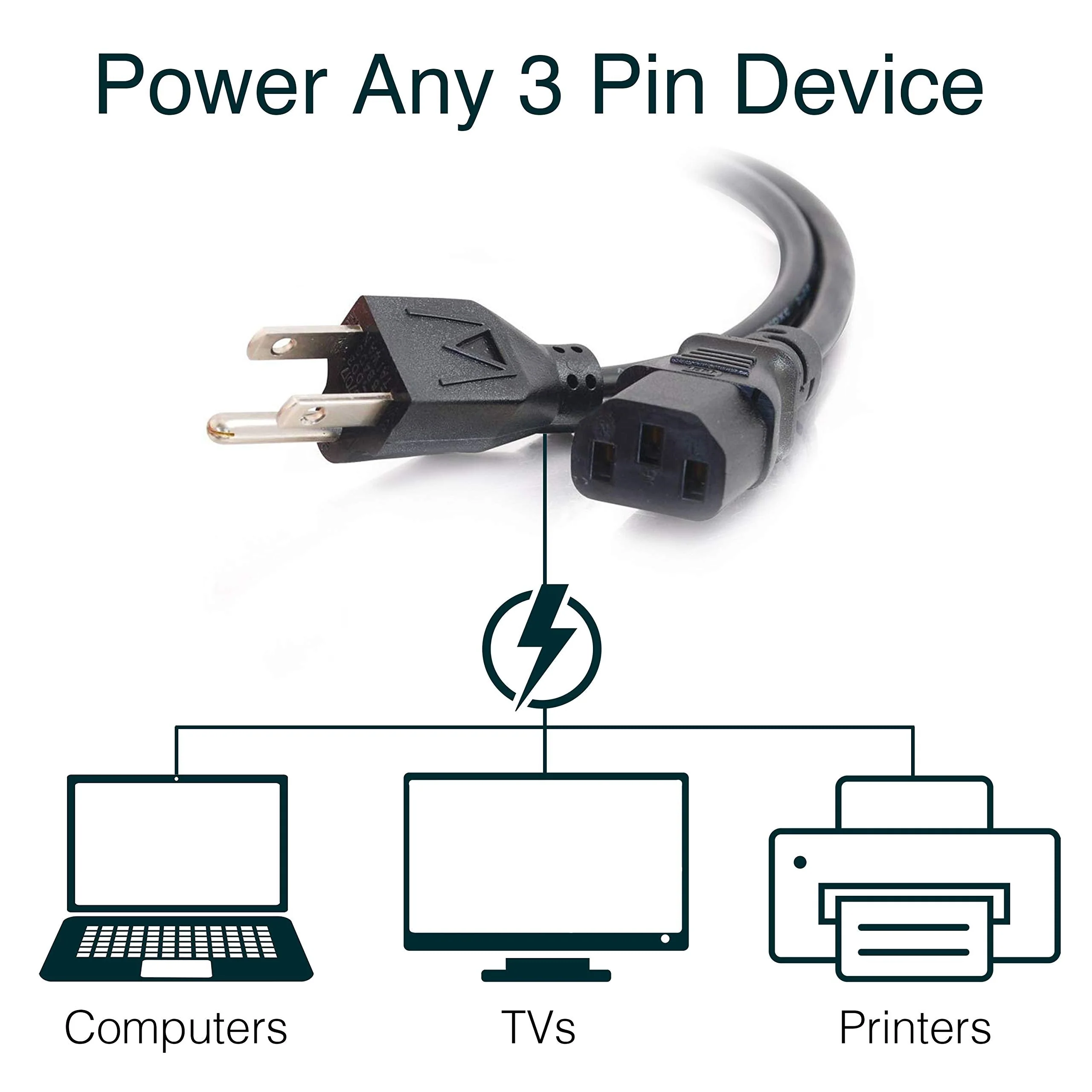 C2G Power Cord, Replacement Power Cable, 3 Pin Connector, For Computers, TVs, Monitors, & More, 18 AWG, Black, 10 Feet (3.04 Meters), Cables to Go 03134 10ft Universal - Image 2