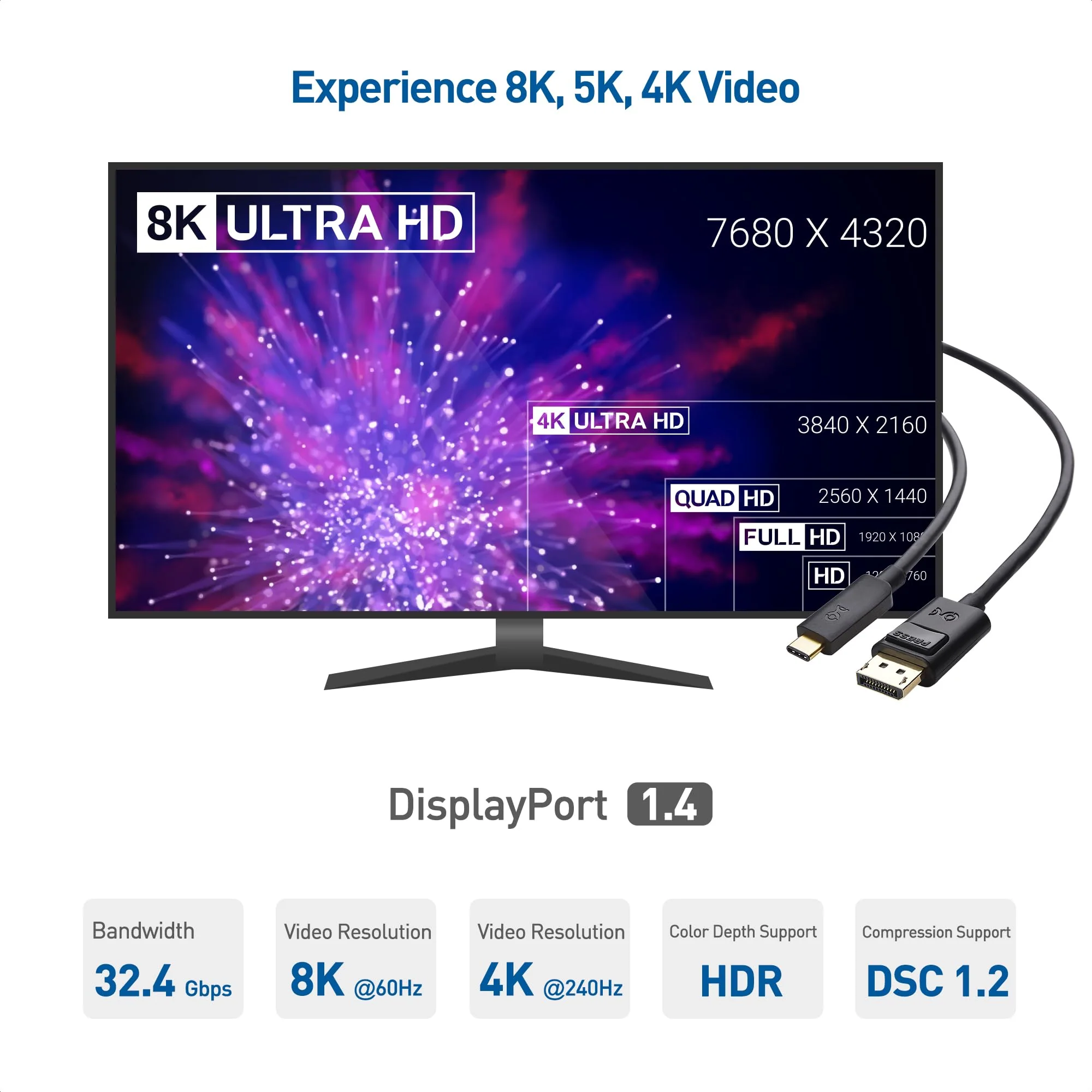 Cable Matters 32.4Gbps Bidirectional USB C to DisplayPort 1.4 Cable 6 ft Support 8K 60Hz/4K 240Hz (Thunderbolt 4 to DisplayPort, DisplayPort to USB C Cable) Black - Works with iPhone 15 MacBook XPS - Image 3