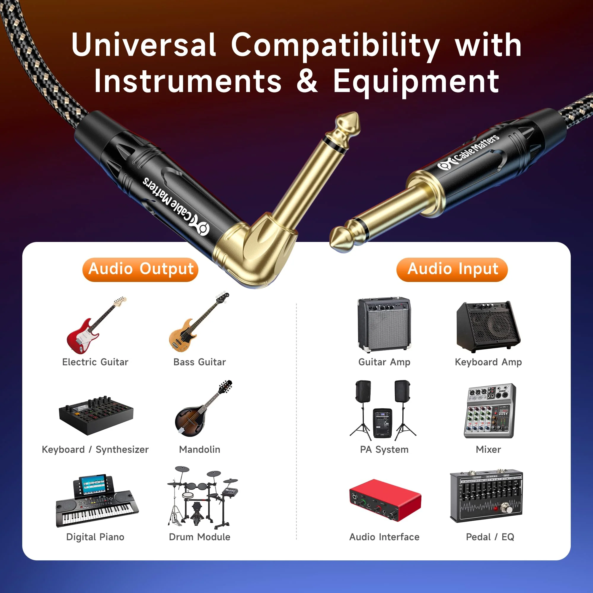 Cable Matters Braided 2-Pack 1/4 Inch TS Right Angle Electric Instrument Cable - 10 Feet Straight to Right Angle, Compatible with Guitar, Bass, Amp, Mixer, Equalizer 10 ft - Image 4